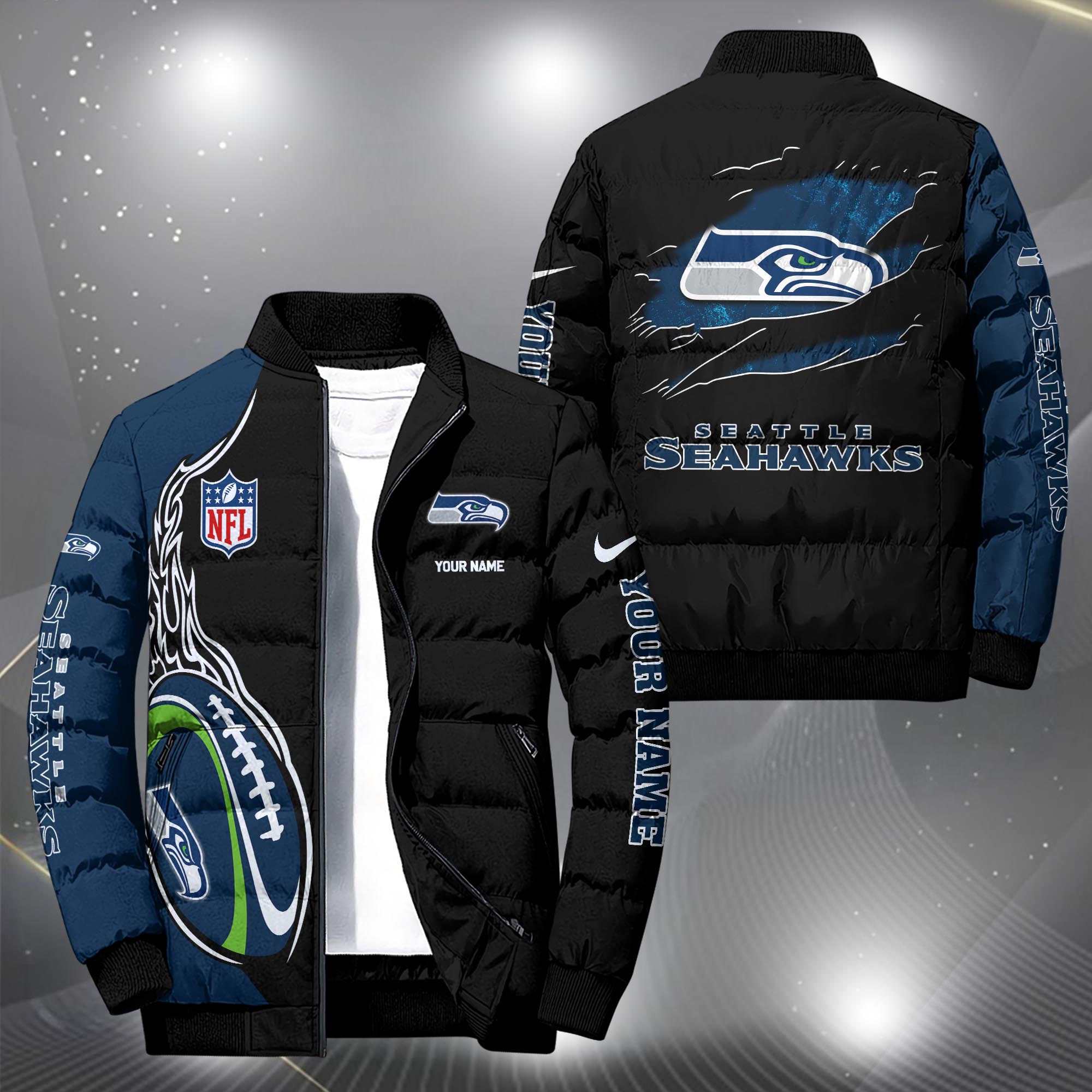 Seattle Seahawks Puffer Jacket Custom Your Name, Sport Jacket, FootBall Fan Gifts EHIVM-09303724N