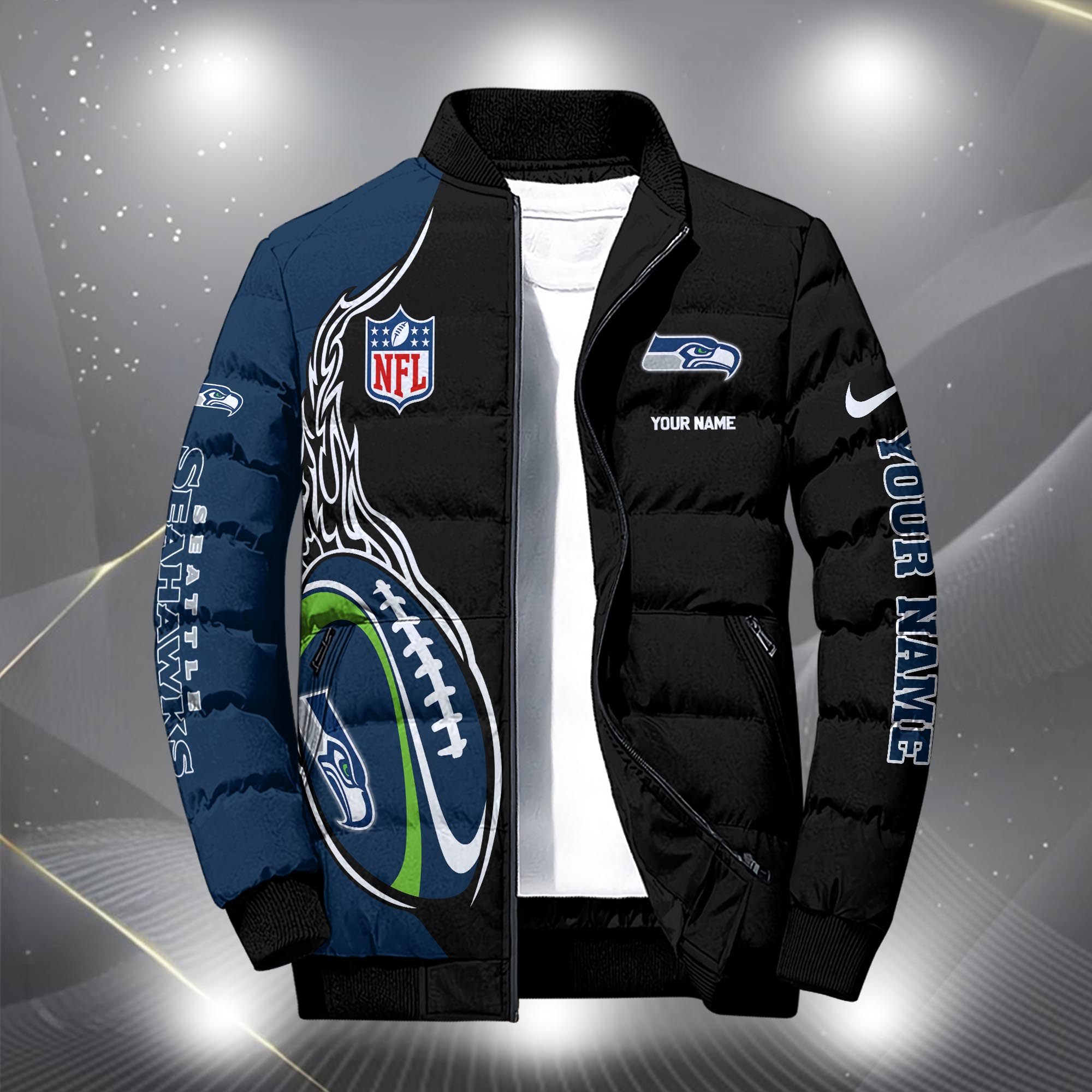 Alternative view of Seattle Seahawks Puffer Jacket Custom Your Name, Sport Jacket, FootBall Fan Gifts EHIVM-09303724N