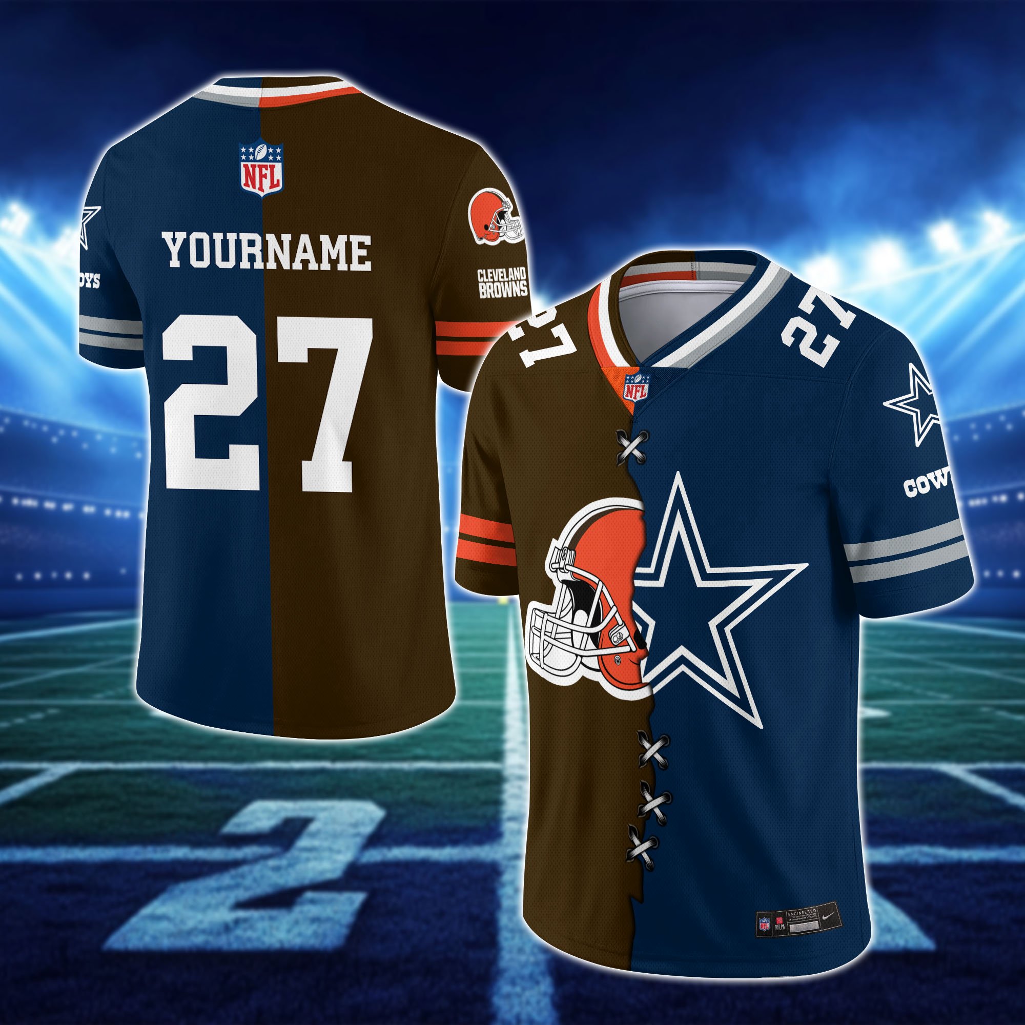 Alternative view of Cleveland Browns House Divided Vneck Football Jersey Custom Any Teams, Custom Name, Number And Team, House Divided Football Gift EHIVM-10033806N
