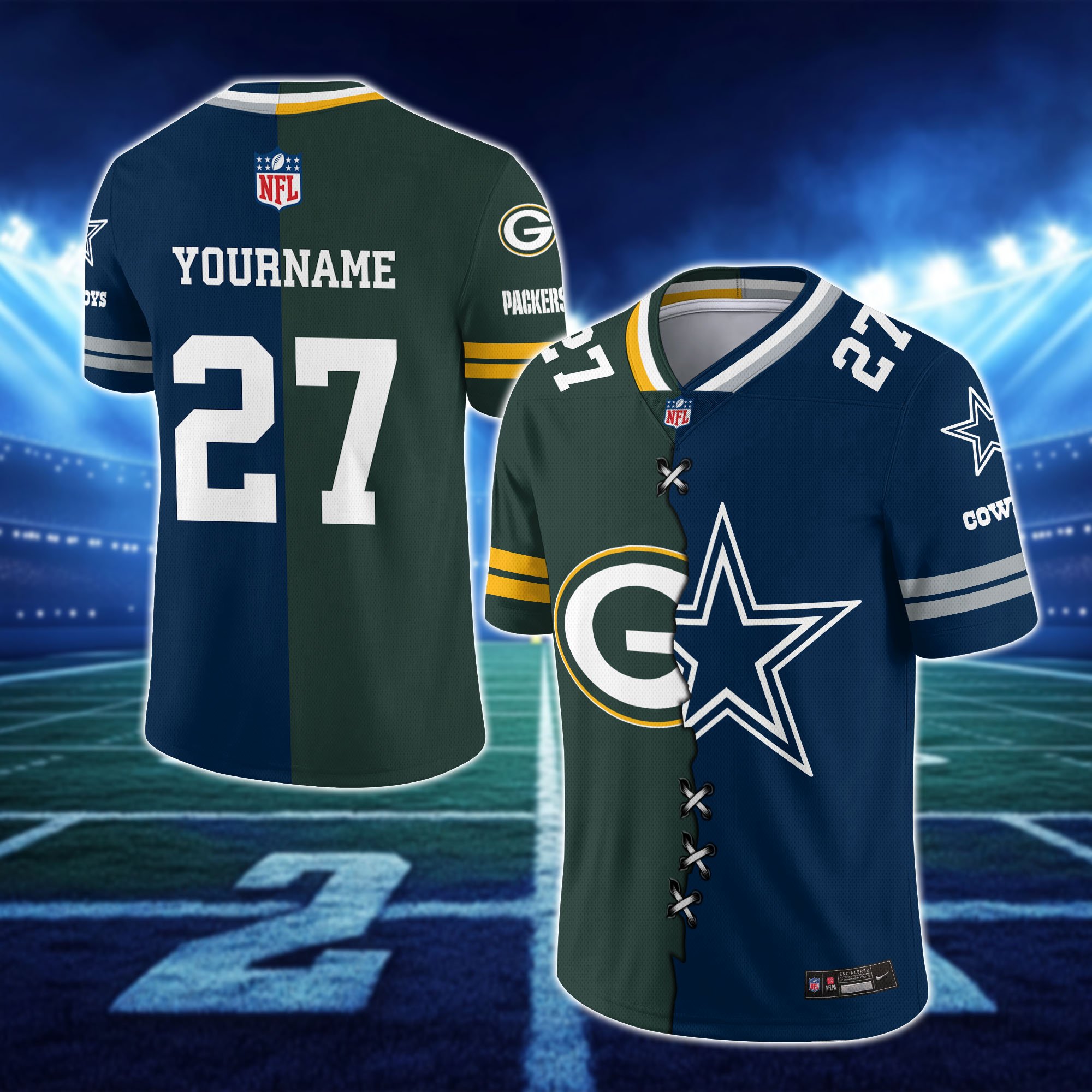Alternative view of Green Bay Packers House Divided Vneck Football Jersey Custom Any Teams, Custom Name, Number And Team, House Divided Football Gift EHIVM-10033806N