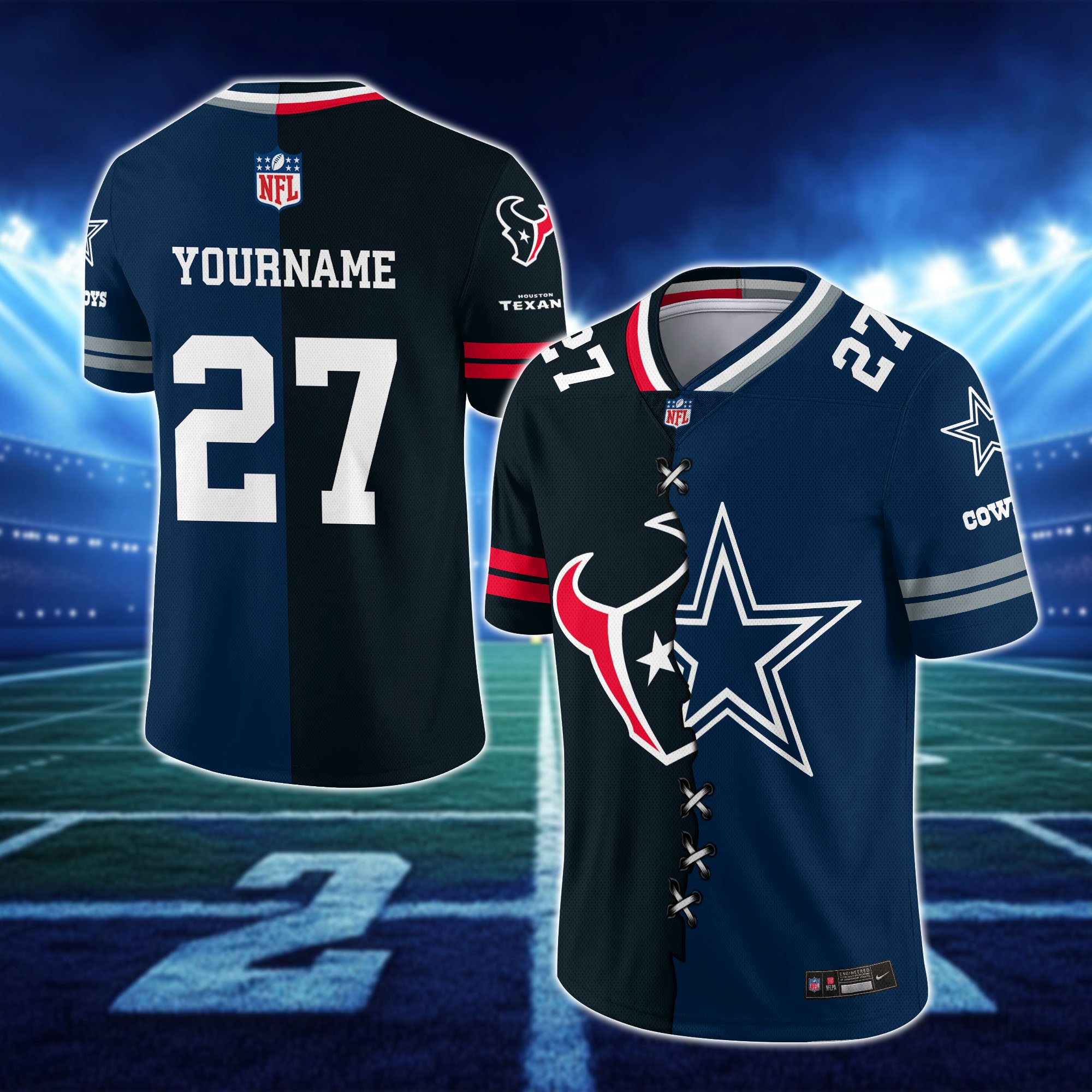 Alternative view of Houston Texans House Divided Vneck Football Jersey Custom Any Teams, Custom Name, Number And Team, House Divided Football Gift EHIVM-10033806N