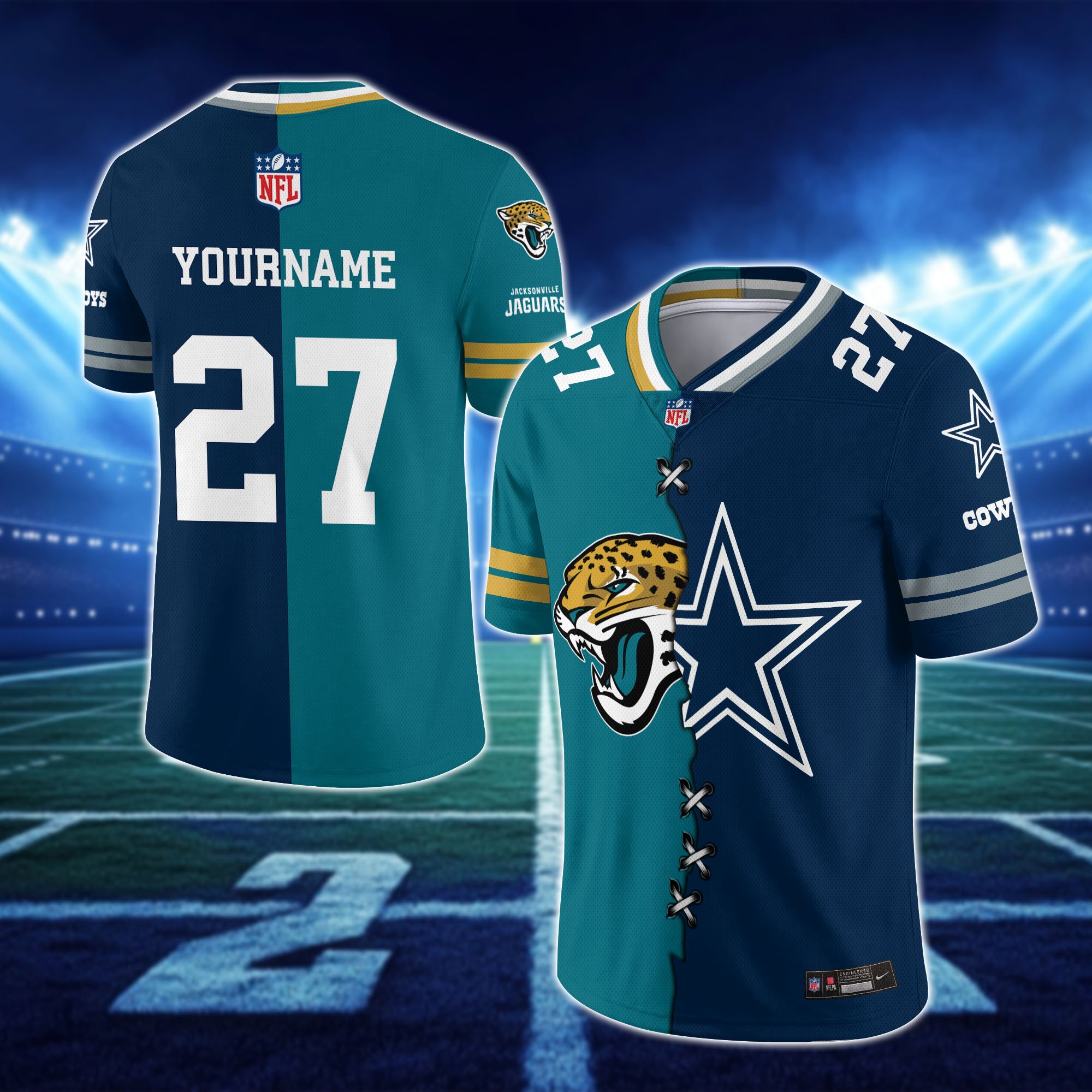 Alternative view of Jacksonville Jaguars House Divided Vneck Football Jersey Custom Any Teams, Custom Name, Number And Team, House Divided Football Gift EHIVM-10033806N