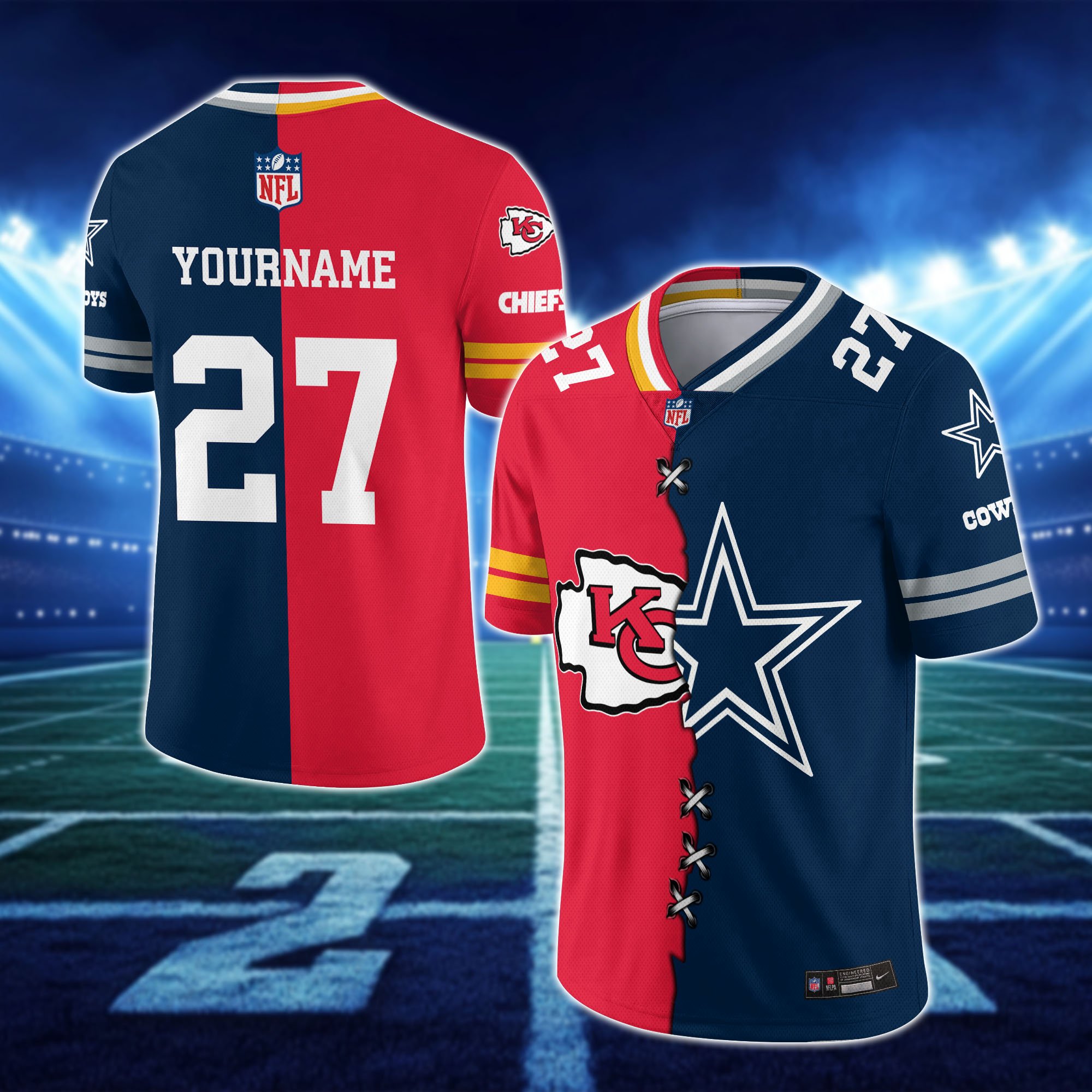 Alternative view of Kansas City Chiefs House Divided Vneck Football Jersey Custom Any Teams, Custom Name, Number And Team, House Divided Football Gift EHIVM-10033806N