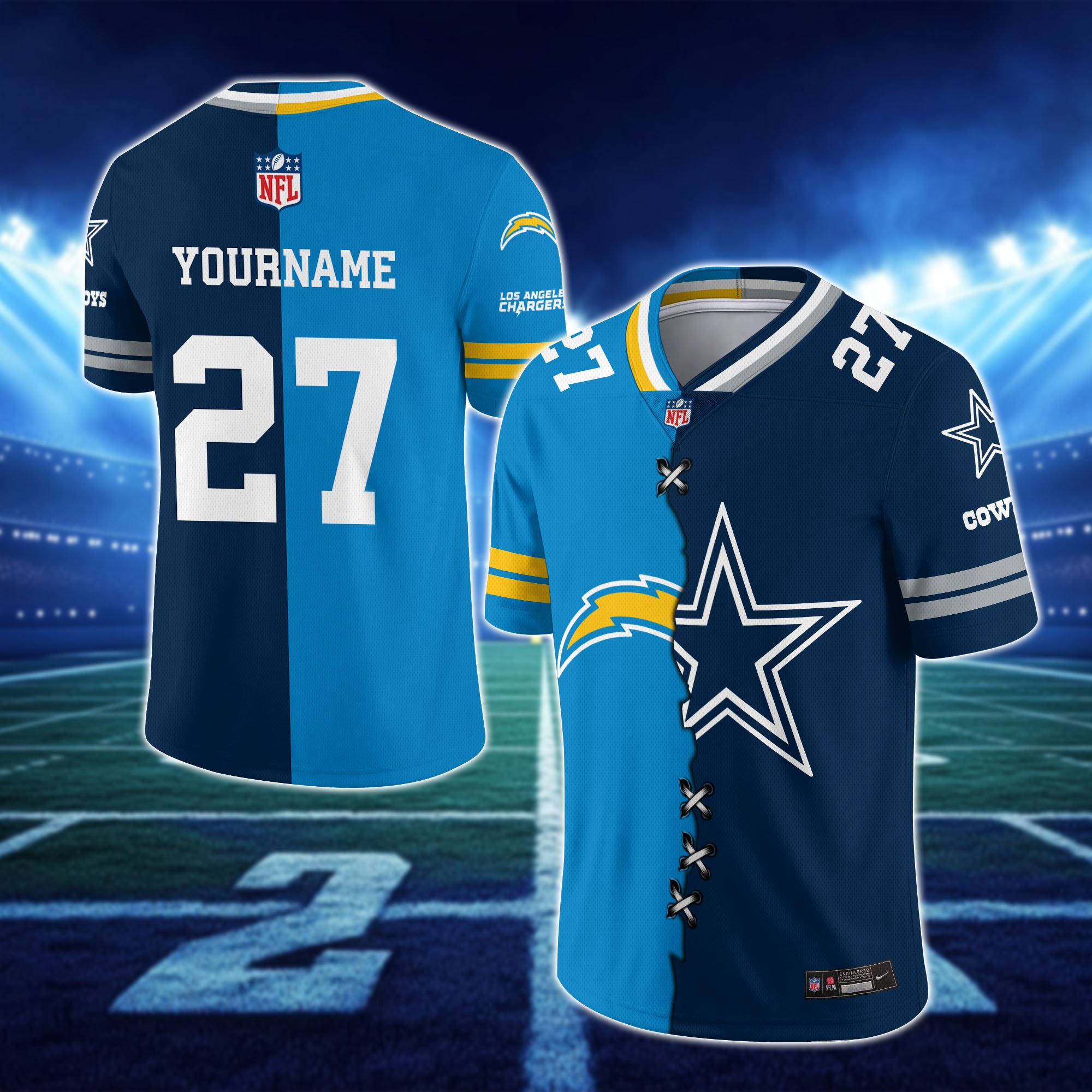 Alternative view of Los Angeles Chargers House Divided Vneck Football Jersey Custom Any Teams, Custom Name, Number And Team, House Divided Football Gift EHIVM-10033806N