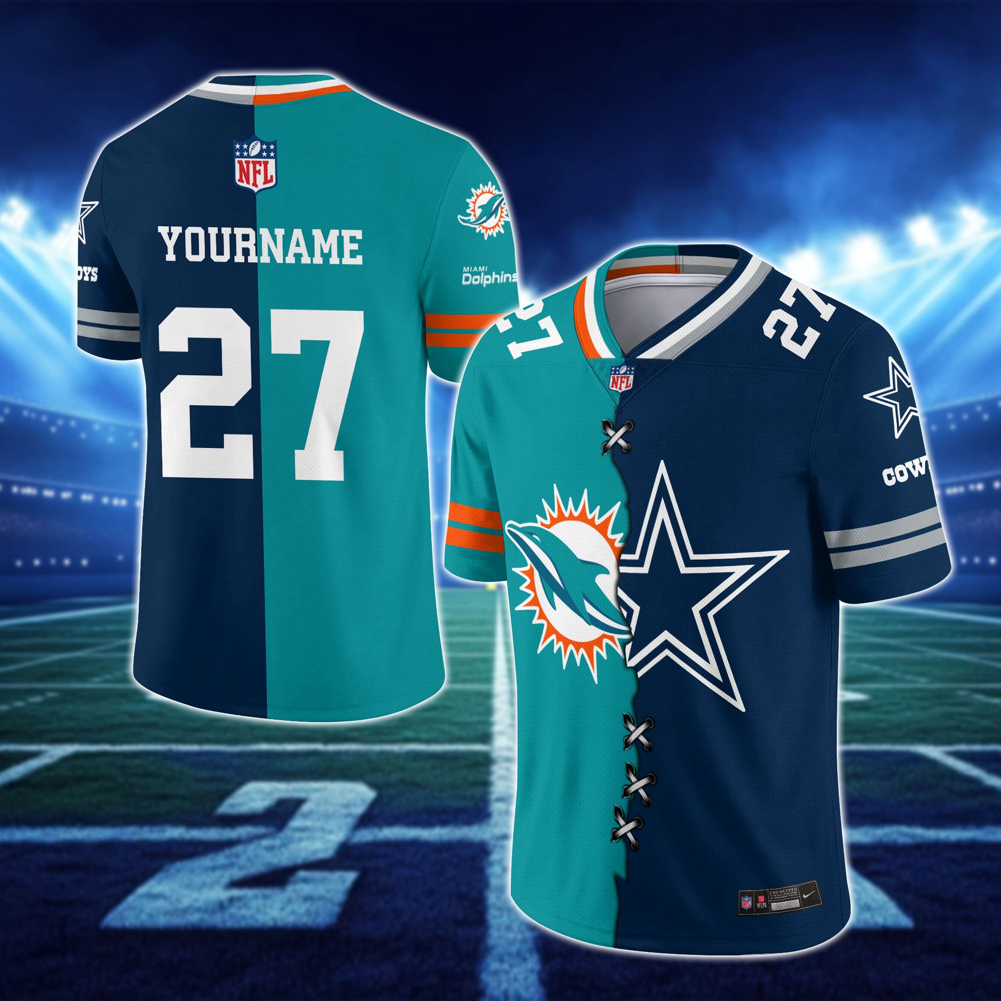 Alternative view of Miami Dolphins House Divided Vneck Football Jersey Custom Any Teams, Custom Name, Number And Team, House Divided Football Gift EHIVM-10033806N