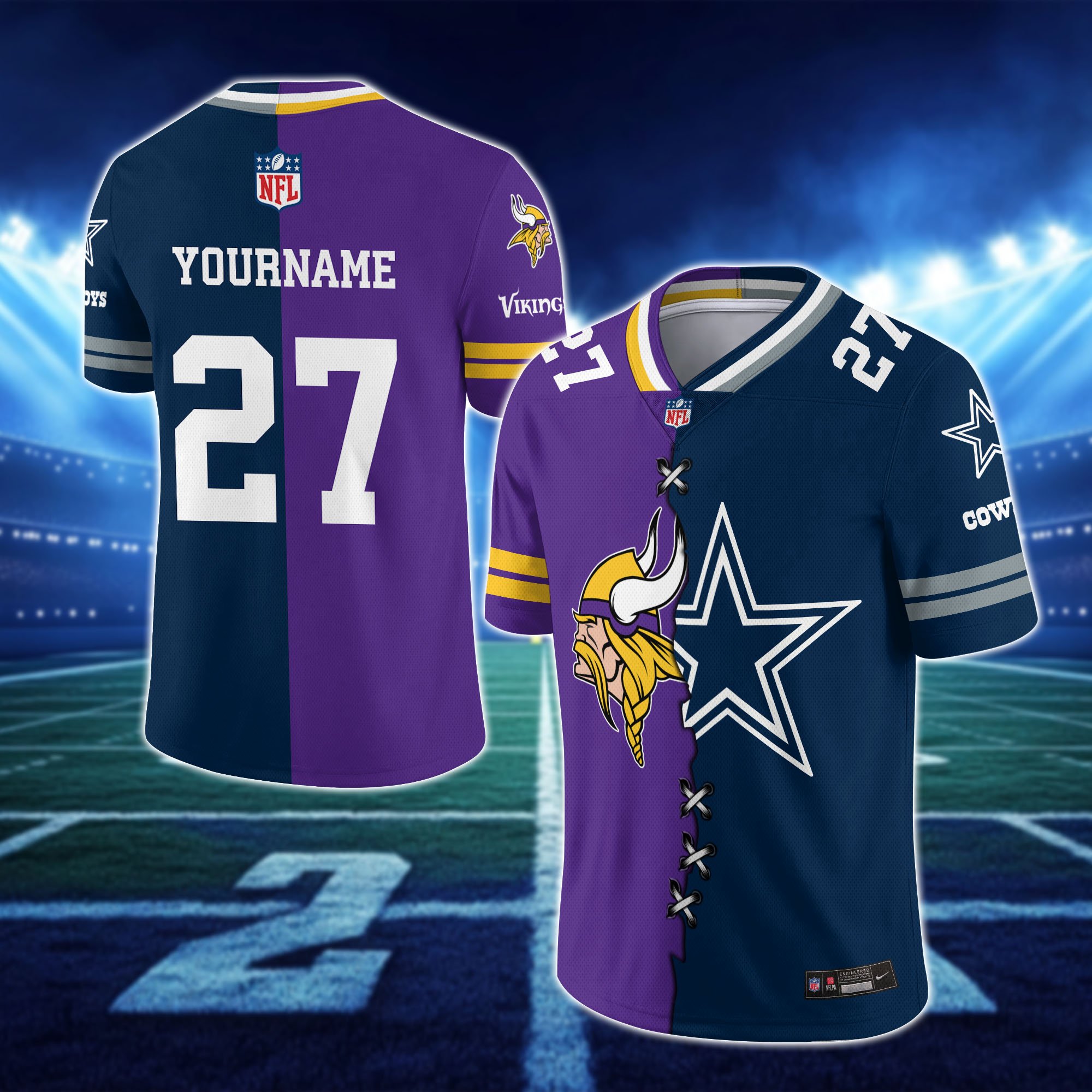 Alternative view of Minnesota Vikings House Divided Vneck Football Jersey Custom Any Teams, Custom Name, Number And Team, House Divided Football Gift EHIVM-10033806N