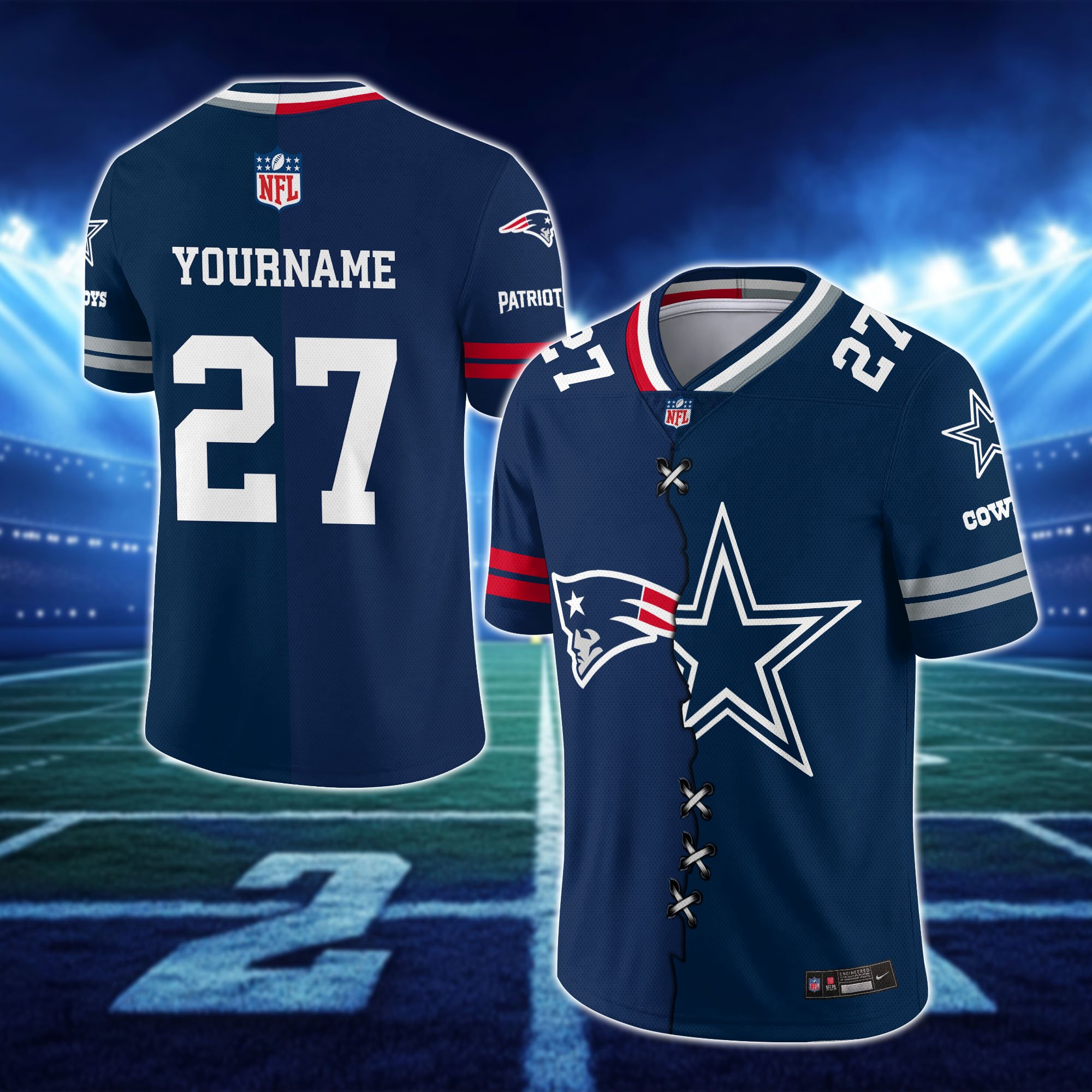 Alternative view of New England Patriots House Divided Vneck Football Jersey Custom Any Teams, Custom Name, Number And Team, House Divided Football Gift EHIVM-10033806N