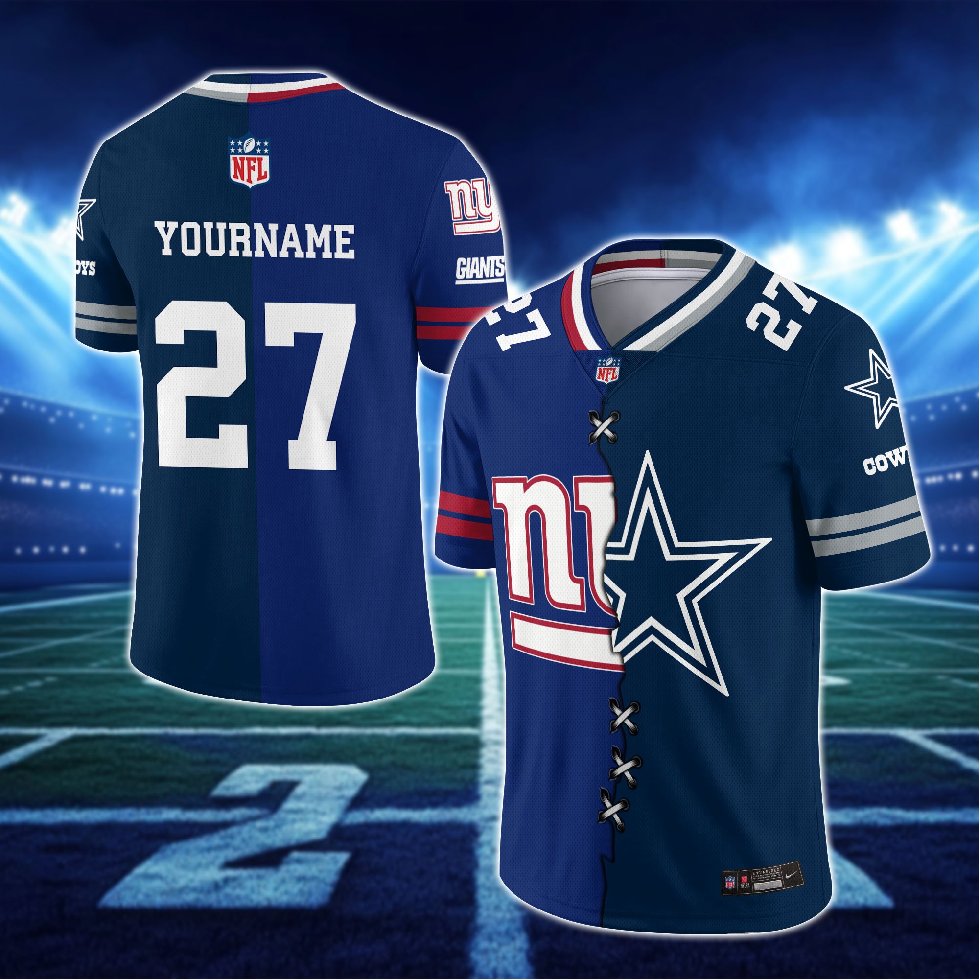 Alternative view of New York Giants House Divided Vneck Football Jersey Custom Any Teams, Custom Name, Number And Team, House Divided Football Gift EHIVM-10033806N