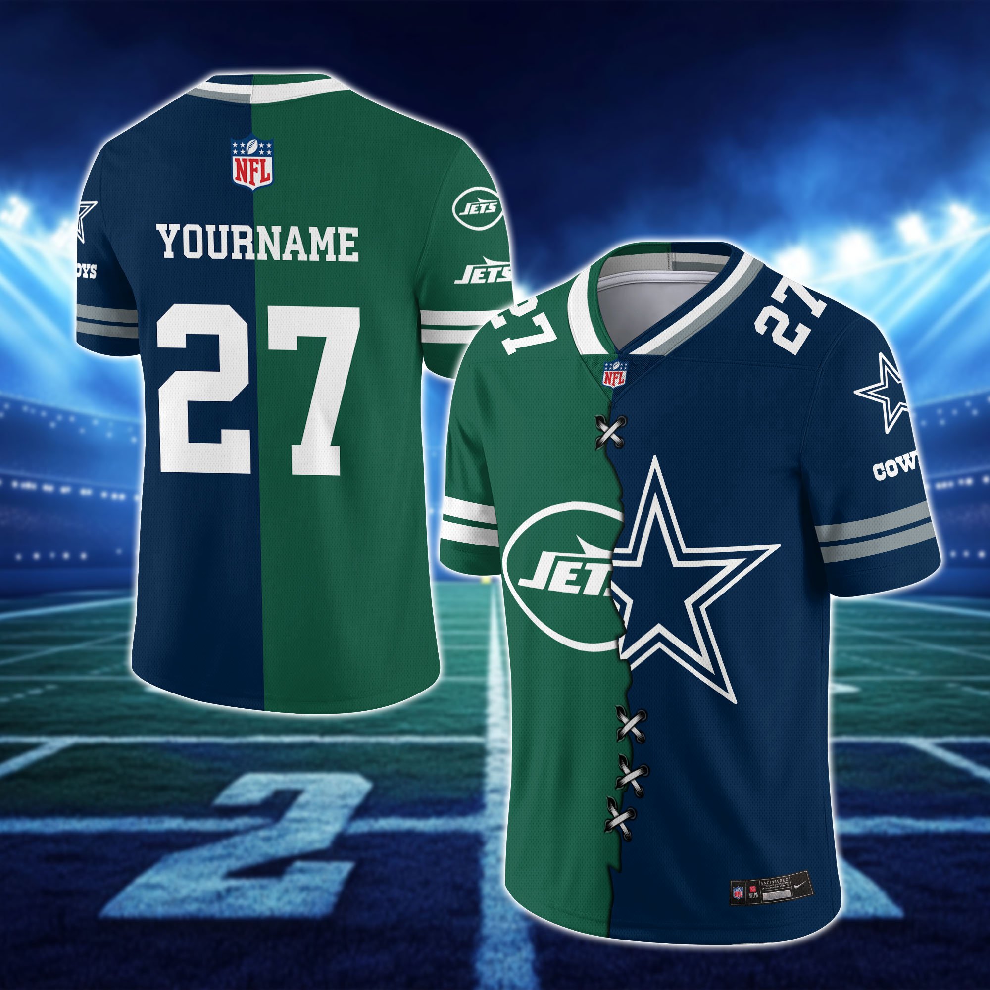Alternative view of New York Jets House Divided Vneck Football Jersey Custom Any Teams, Custom Name, Number And Team, House Divided Football Gift EHIVM-10033806N