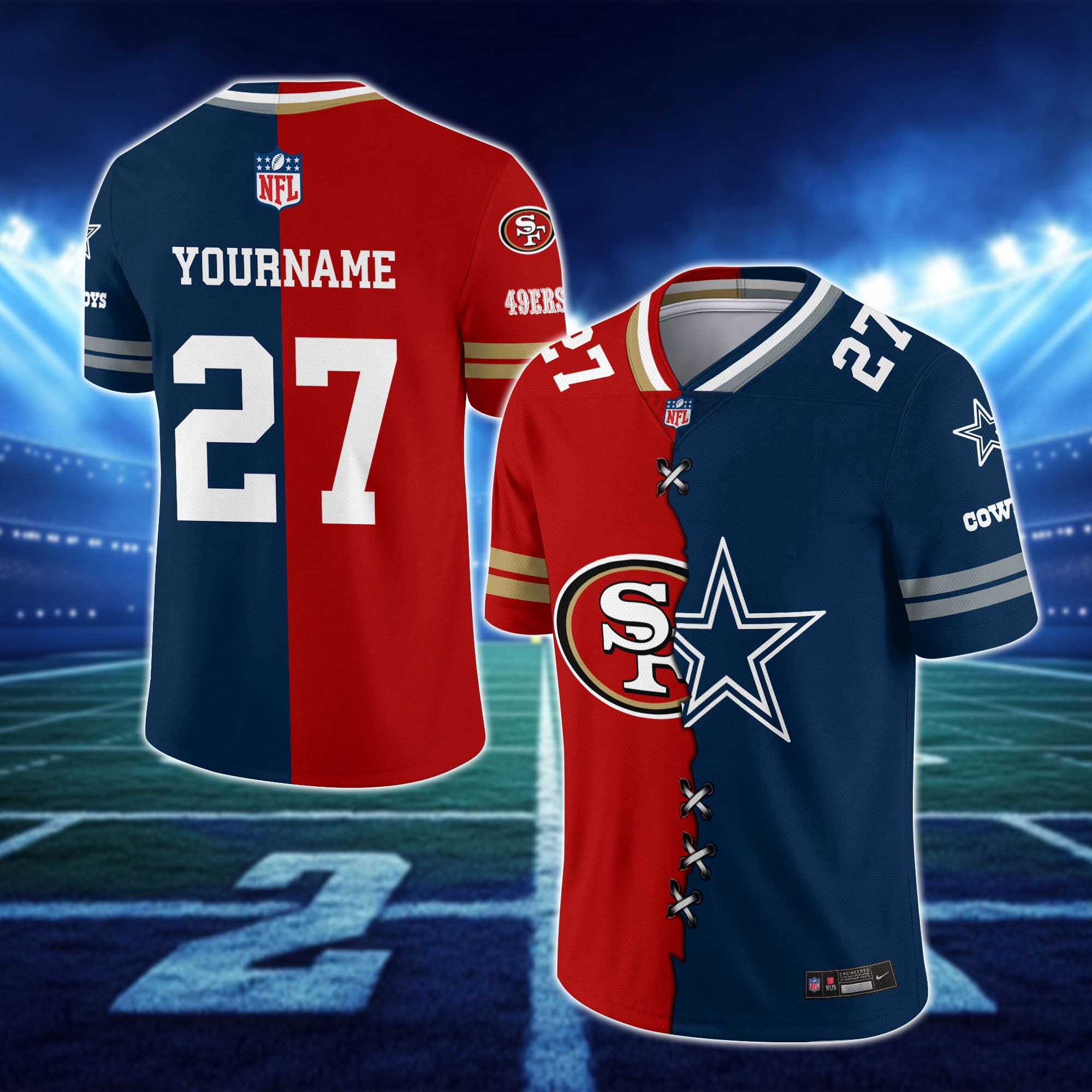 Alternative view of San Francisco 49ers House Divided Vneck Football Jersey Custom Any Teams, Custom Name, Number And Team, House Divided Football Gift EHIVM-10033806N