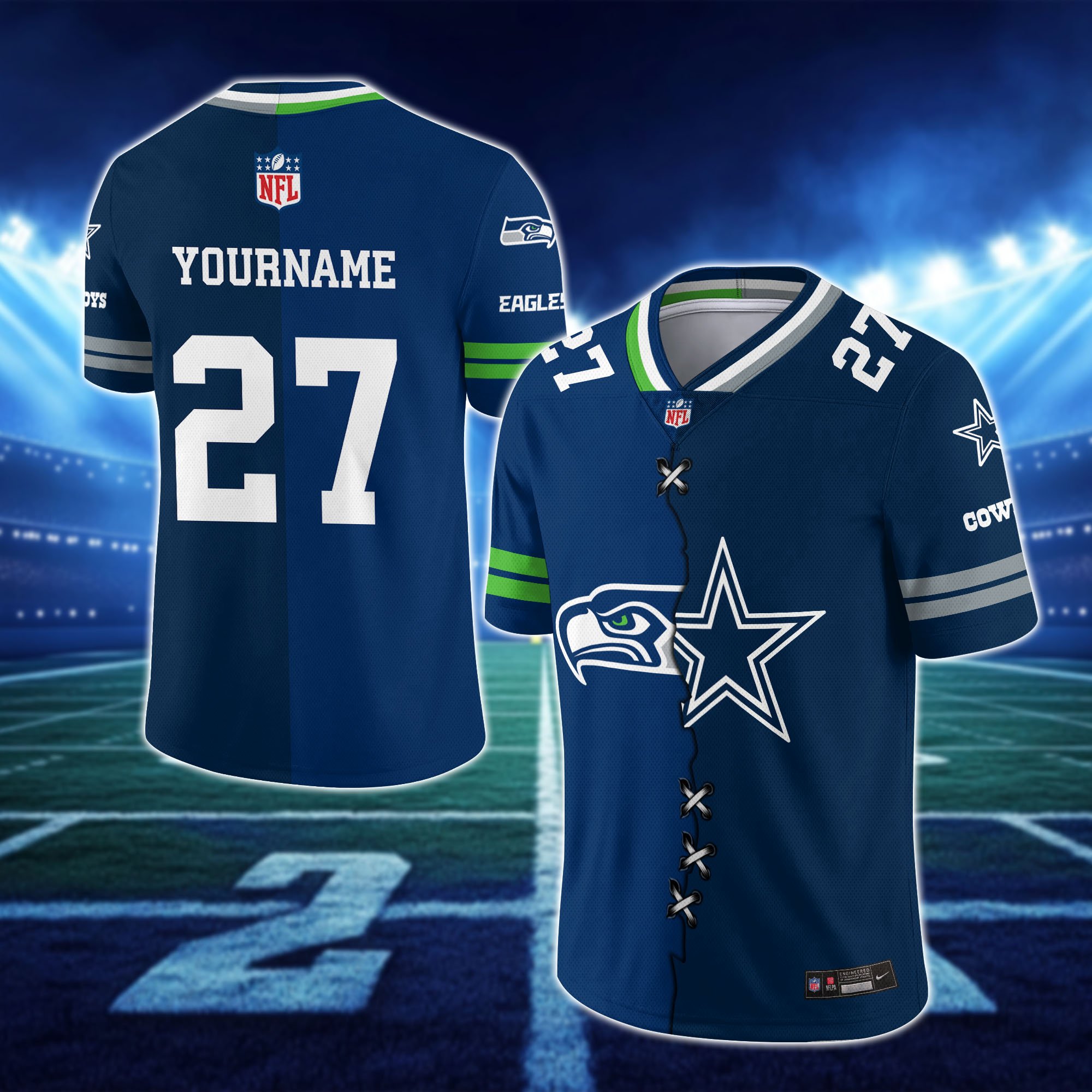 Alternative view of Seattle Seahawks House Divided Vneck Football Jersey Custom Any Teams, Custom Name, Number And Team, House Divided Football Gift EHIVM-10033806N