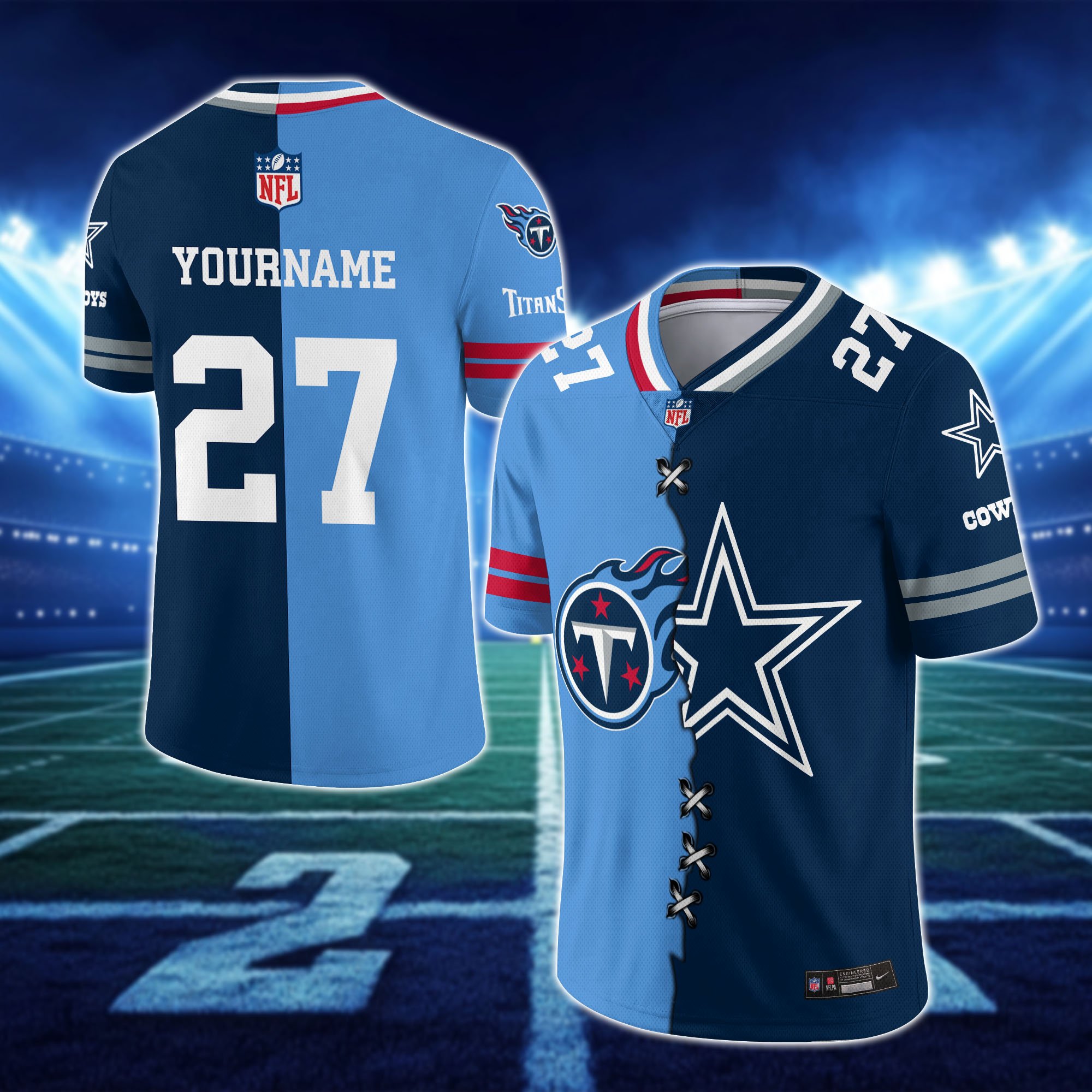 Alternative view of Tennessee Titans House Divided Vneck Football Jersey Custom Any Teams, Custom Name, Number And Team, House Divided Football Gift EHIVM-10033806N