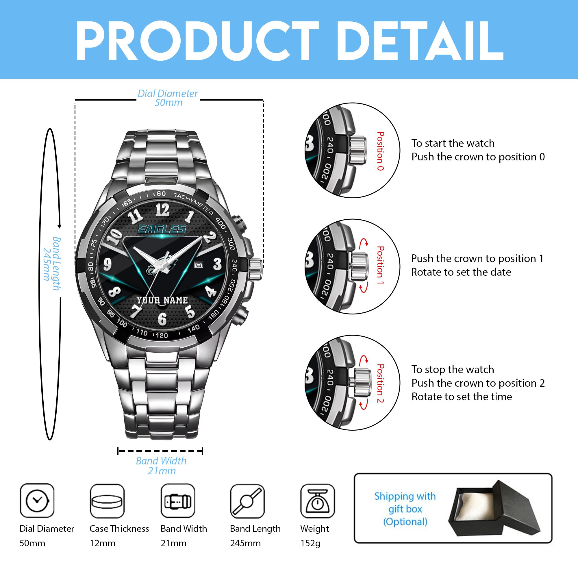 Philadelphia Eagles Alloy Men Quartz Watch Custom Your Name, Sport Men Watch, FootBall Fan Gifts EHIVM-08273305N - Image 7