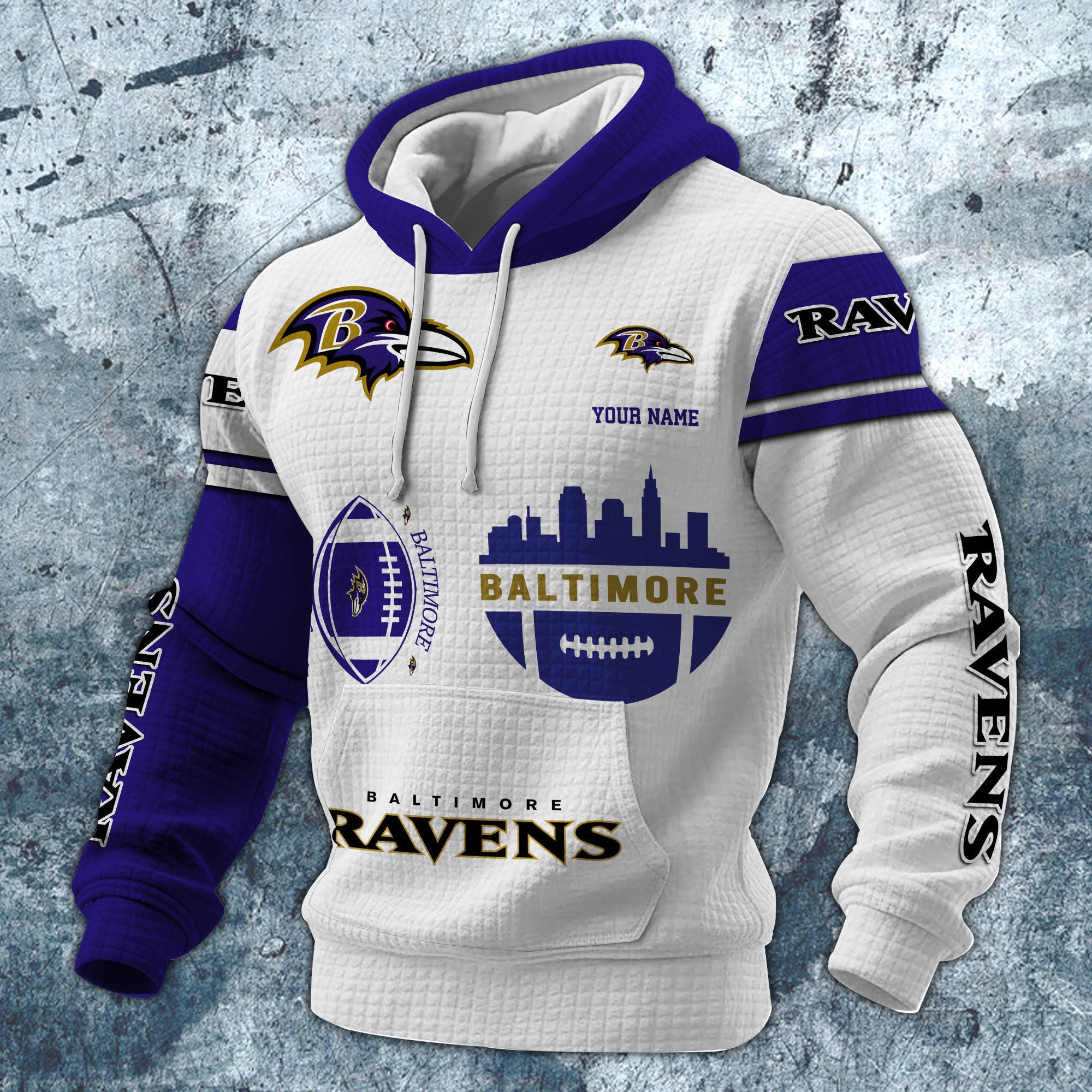 Alternative view of Baltimore Ravens Print Checkered Fabric Hooded Sweatshirt Custom Your Name, Gift For Sport