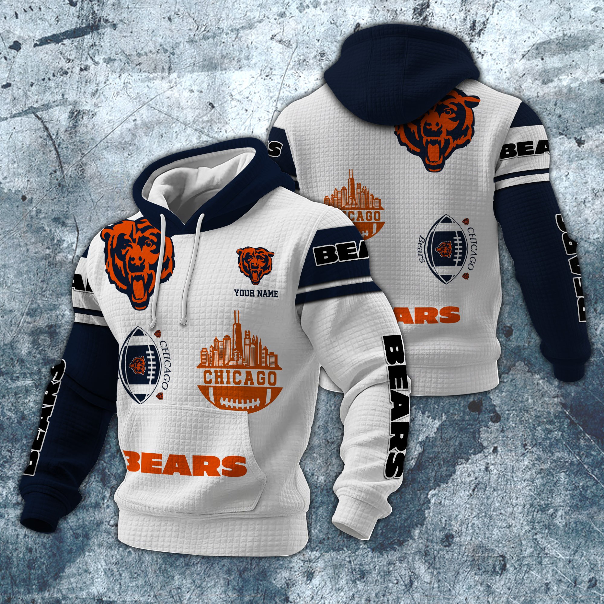 Chicago Bears Print Checkered Fabric Hooded Sweatshirt Custom Your Name, Gift For Sport