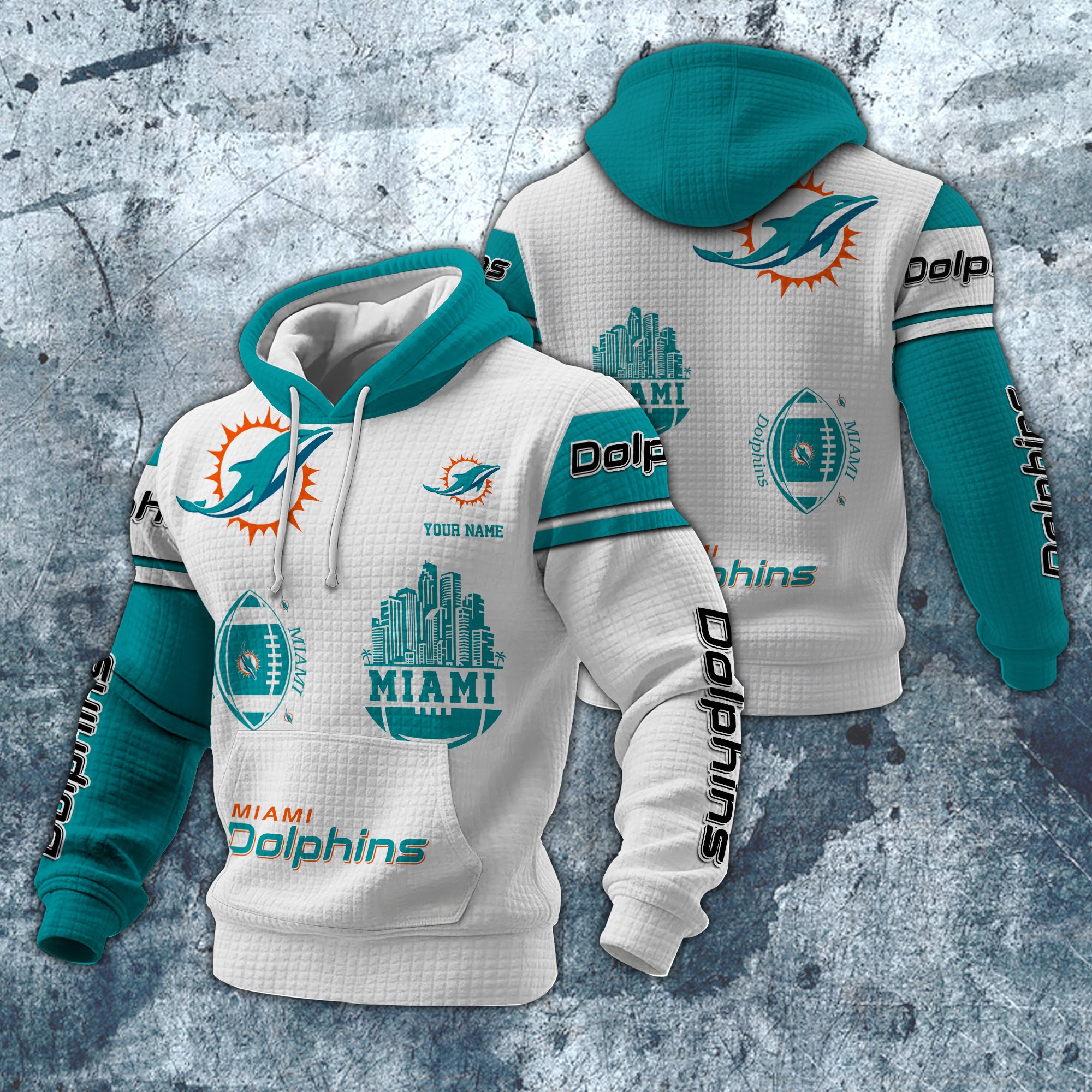 Miami Dolphins Print Checkered Fabric Hooded Sweatshirt Custom Your Name, Gift For Sport