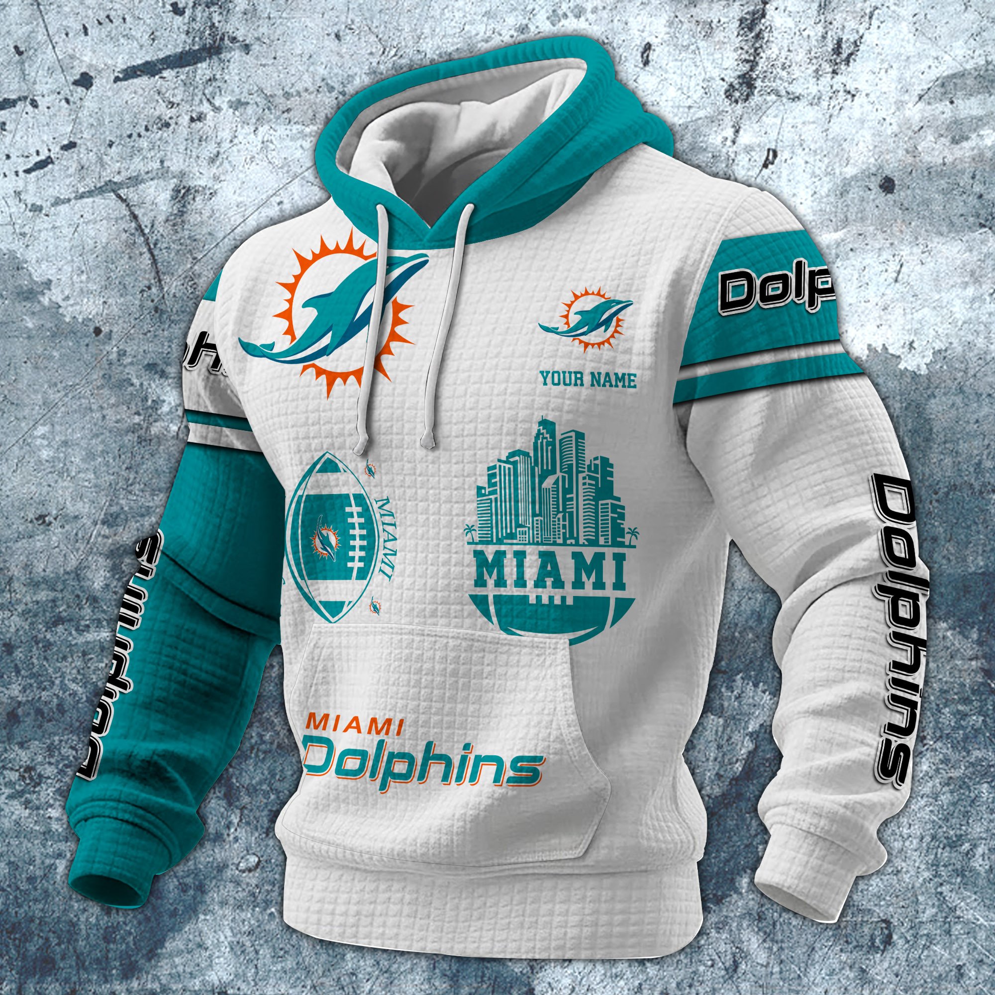 Alternative view of Miami Dolphins Print Checkered Fabric Hooded Sweatshirt Custom Your Name, Gift For Sport
