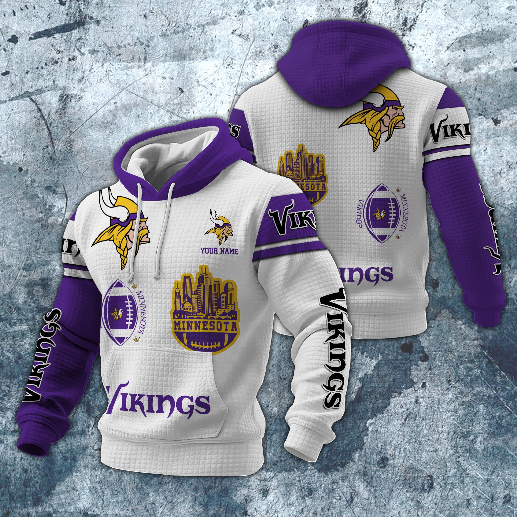 Minnesota Vikings Print Checkered Fabric Hooded Sweatshirt Custom Your Name, Gift For Sport