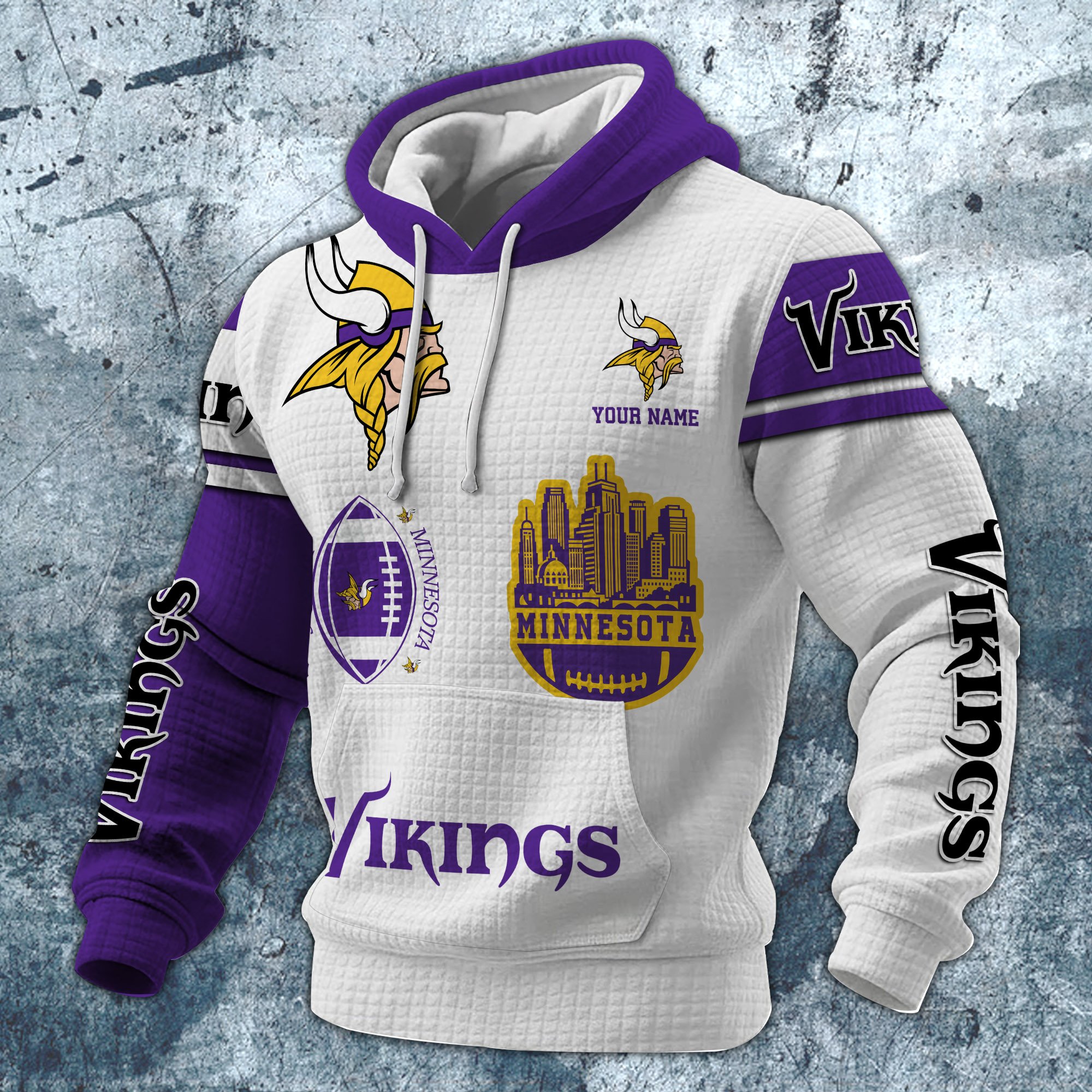 Alternative view of Minnesota Vikings Print Checkered Fabric Hooded Sweatshirt Custom Your Name, Gift For Sport