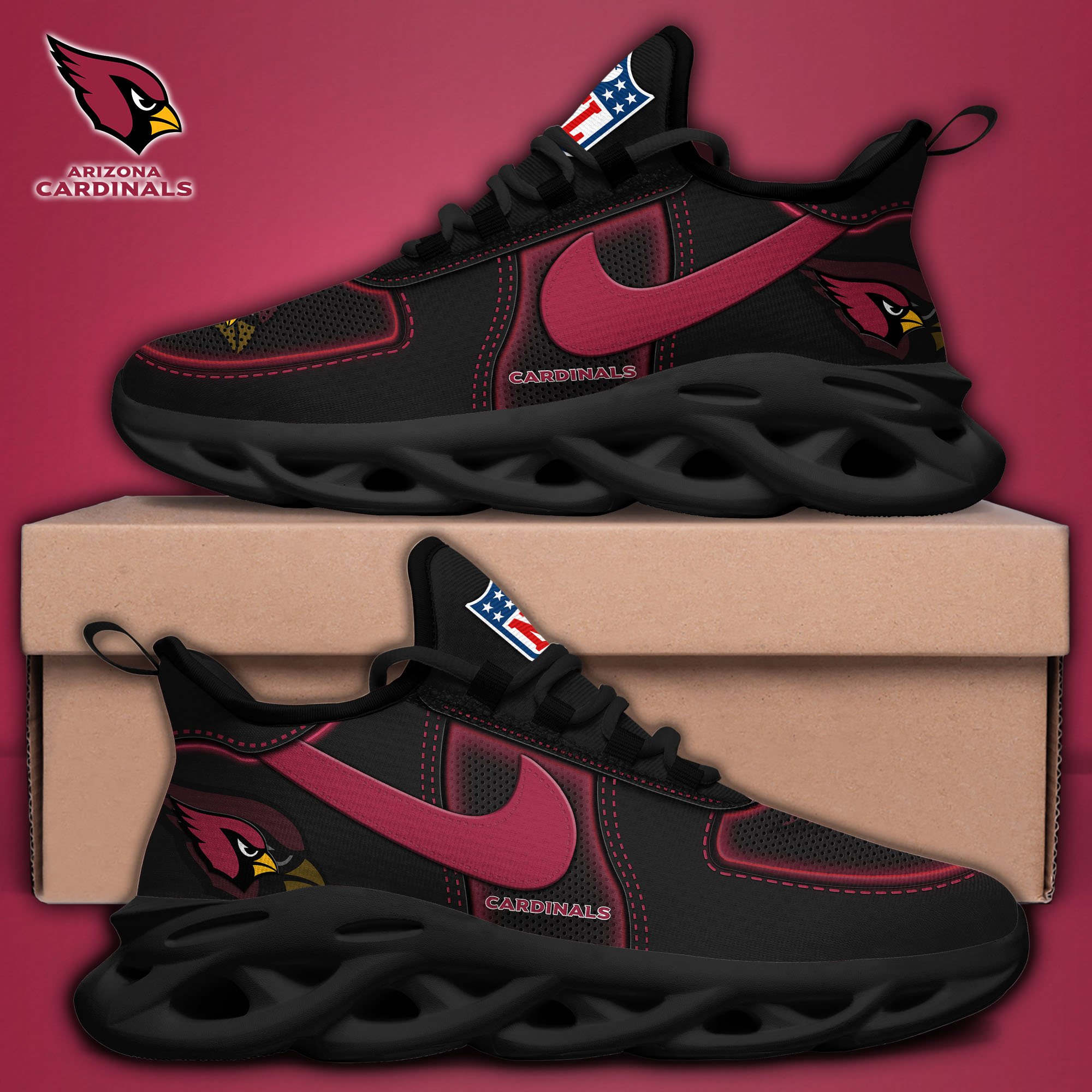 Arizona Cardinals Black Max Soul Shoes 2025 version, White Max Soul Shoes Custom Your Name, EHIVM-11194525