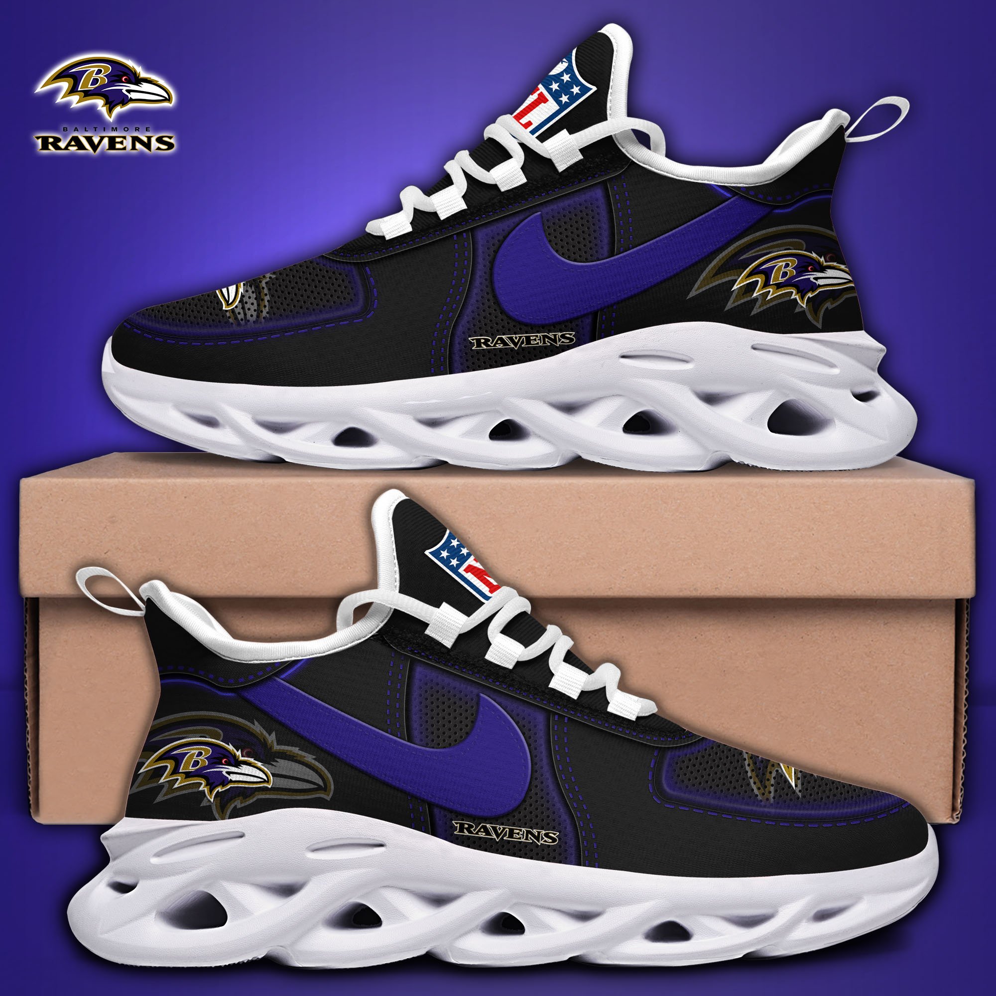 Alternative view of Baltimore Ravens Black Max Soul Shoes 2025 version, White Max Soul Shoes Custom Your Name, EHIVM-11194525