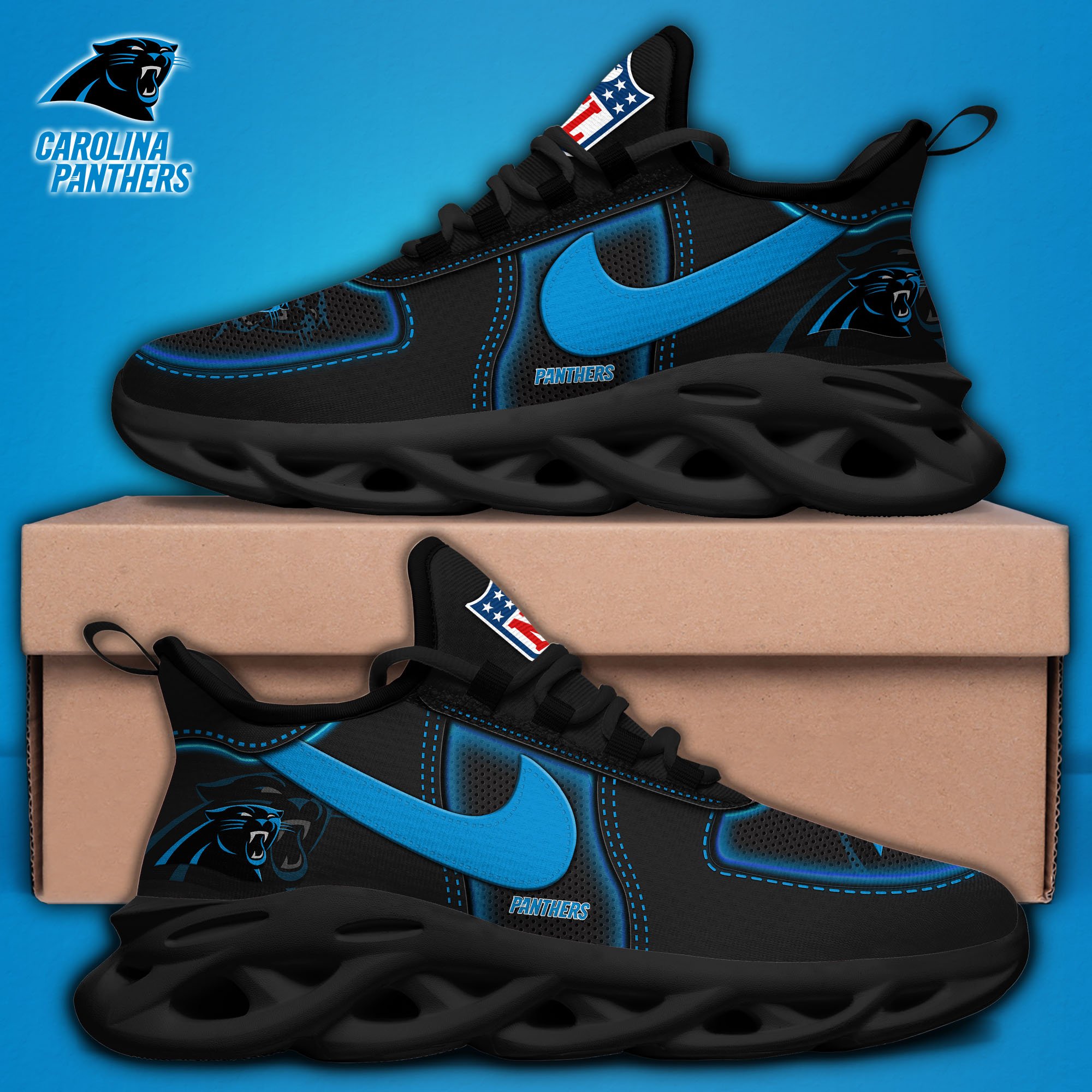 Carolina Panthers Black Max Soul Shoes 2025 version, White Max Soul Shoes Custom Your Name, EHIVM-11194525