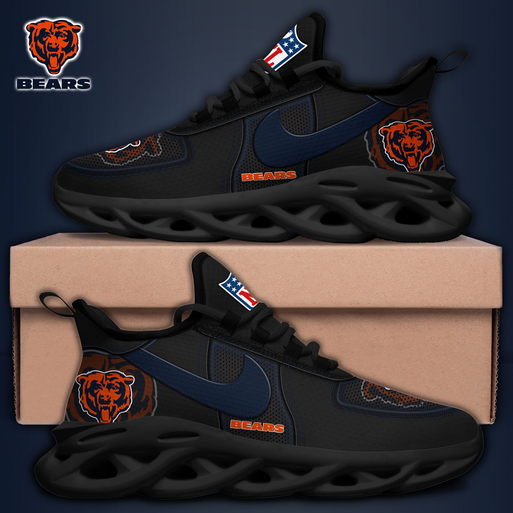 Chicago Bears Black Max Soul Shoes 2025 version, White Max Soul Shoes Custom Your Name, EHIVM-11194525