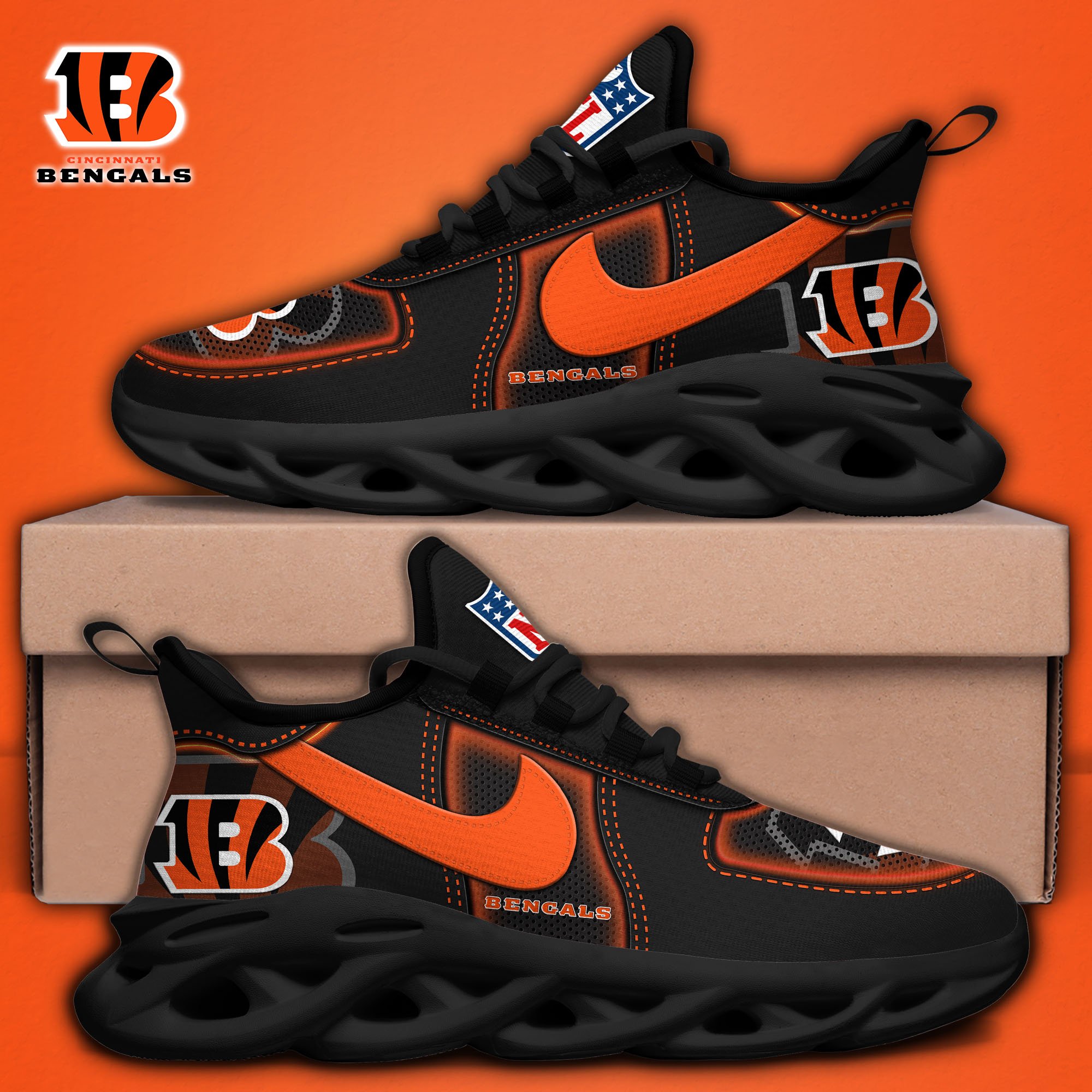 Cincinnati Bengals Black Max Soul Shoes 2025 version, White Max Soul Shoes Custom Your Name, EHIVM-11194525