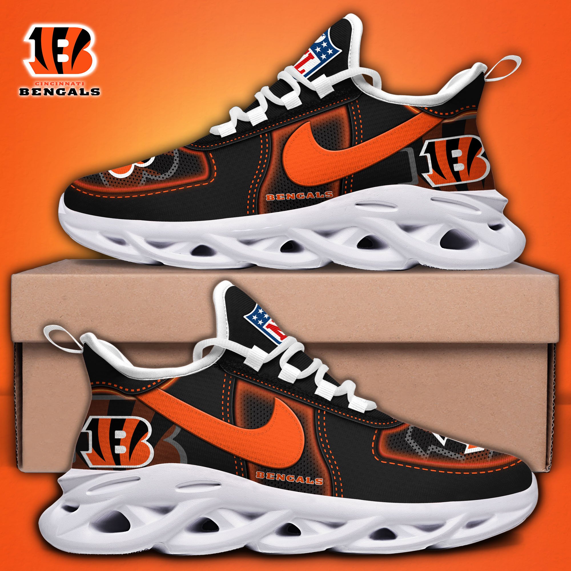 Alternative view of Cincinnati Bengals Black Max Soul Shoes 2025 version, White Max Soul Shoes Custom Your Name, EHIVM-11194525