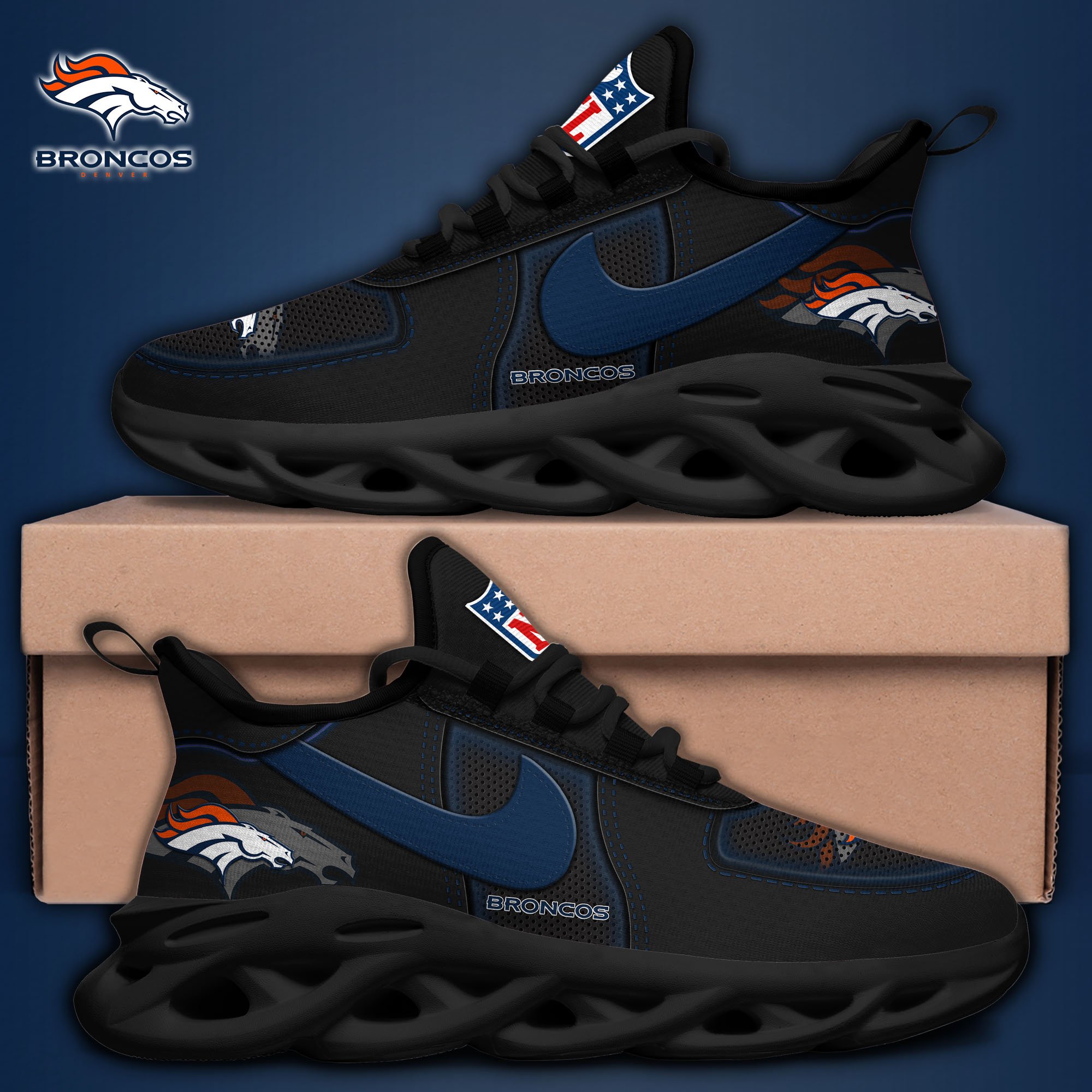 Denver Broncos Black Max Soul Shoes 2025 version, White Max Soul Shoes Custom Your Name, EHIVM-11194525