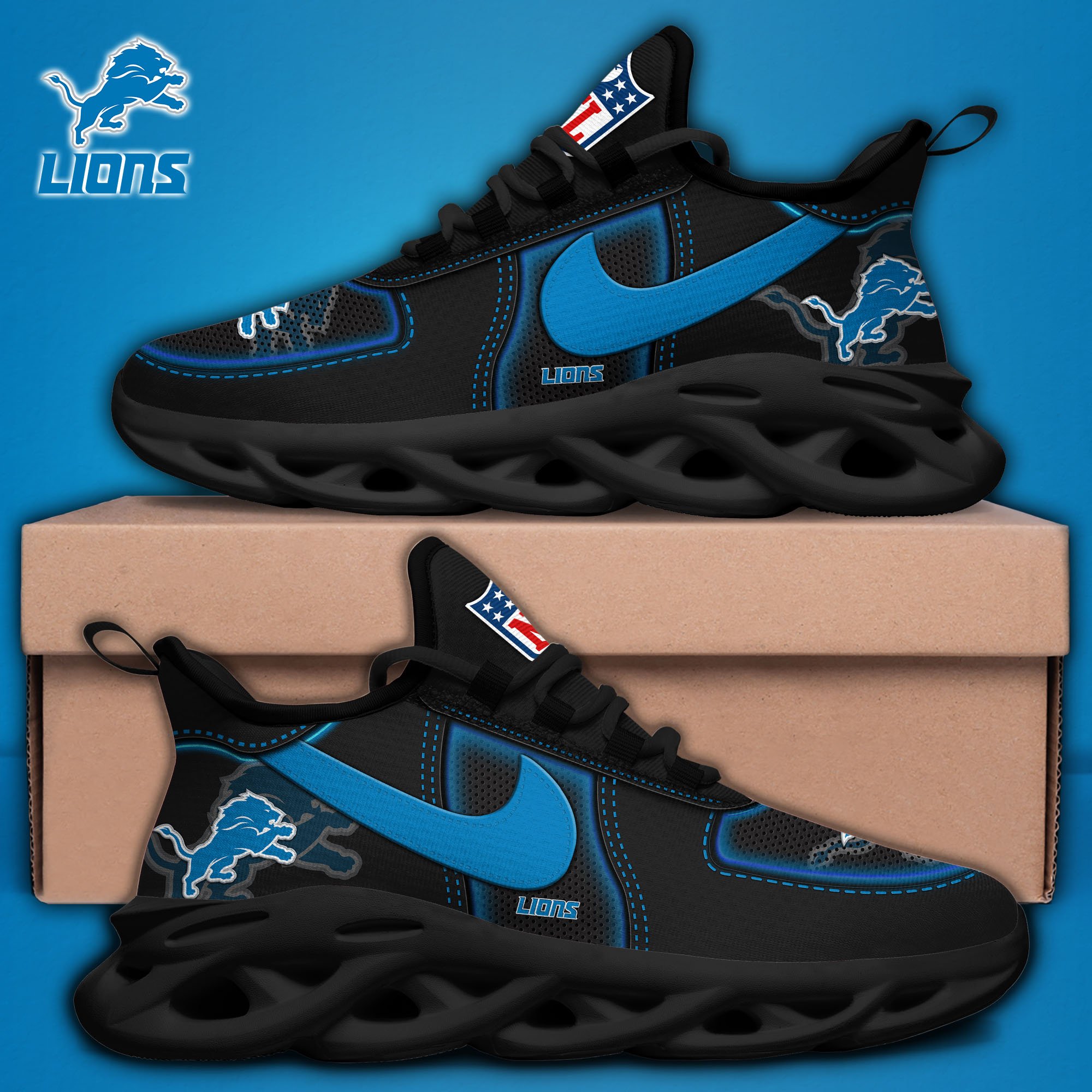 Detroit Lions Black Max Soul Shoes 2025 version, White Max Soul Shoes Custom Your Name, EHIVM-11194525