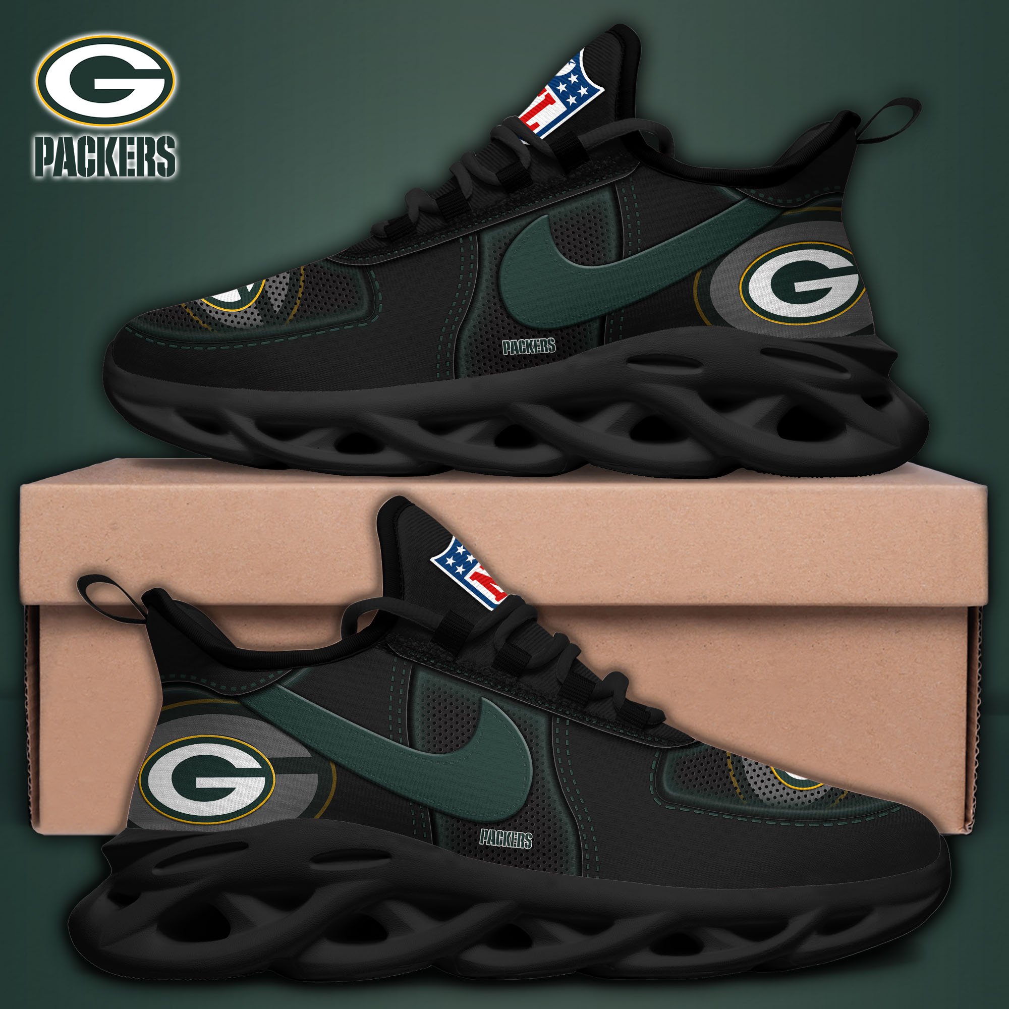 Green Bay Packers Black Max Soul Shoes 2025 version, White Max Soul Shoes Custom Your Name, EHIVM-11194525