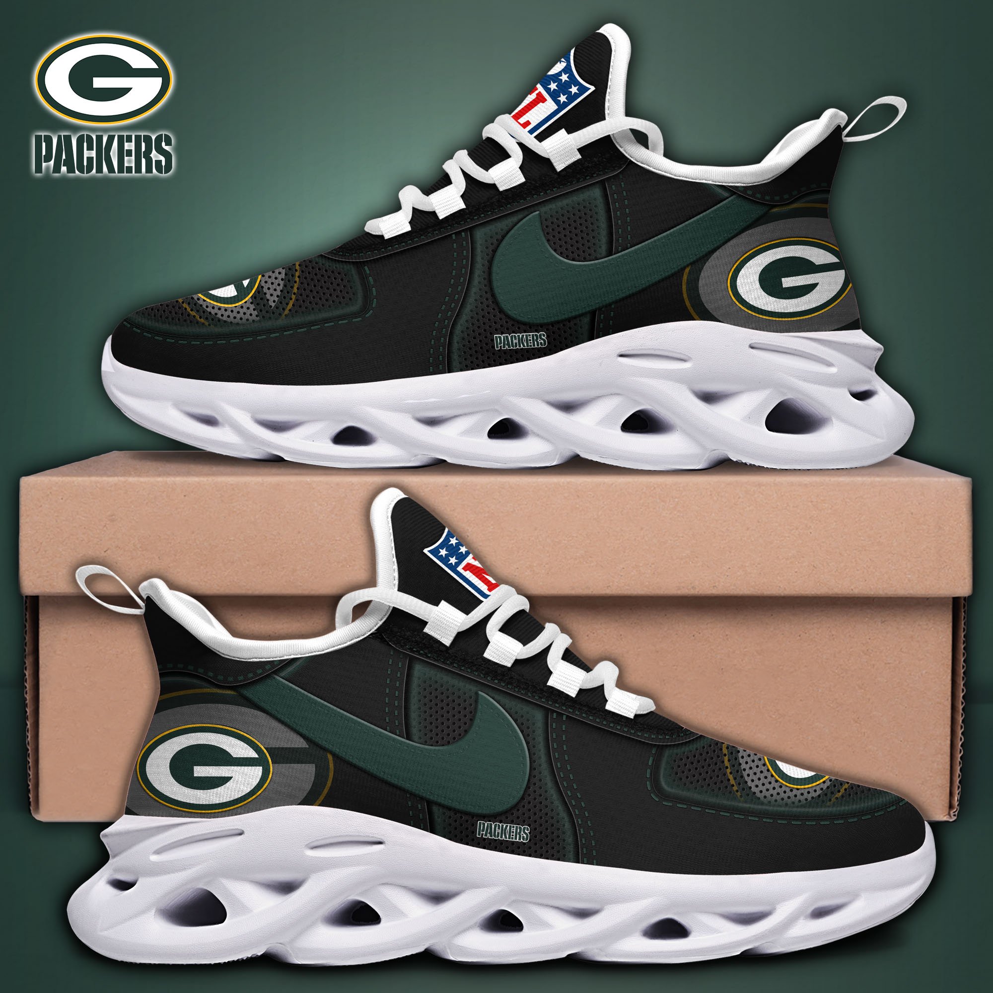 Alternative view of Green Bay Packers Black Max Soul Shoes 2025 version, White Max Soul Shoes Custom Your Name, EHIVM-11194525