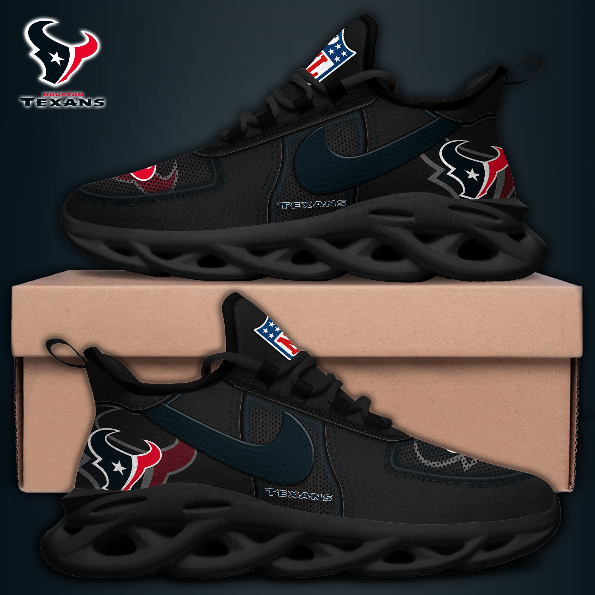 Houston Texans Black Max Soul Shoes 2025 version, White Max Soul Shoes Custom Your Name, EHIVM-11194525