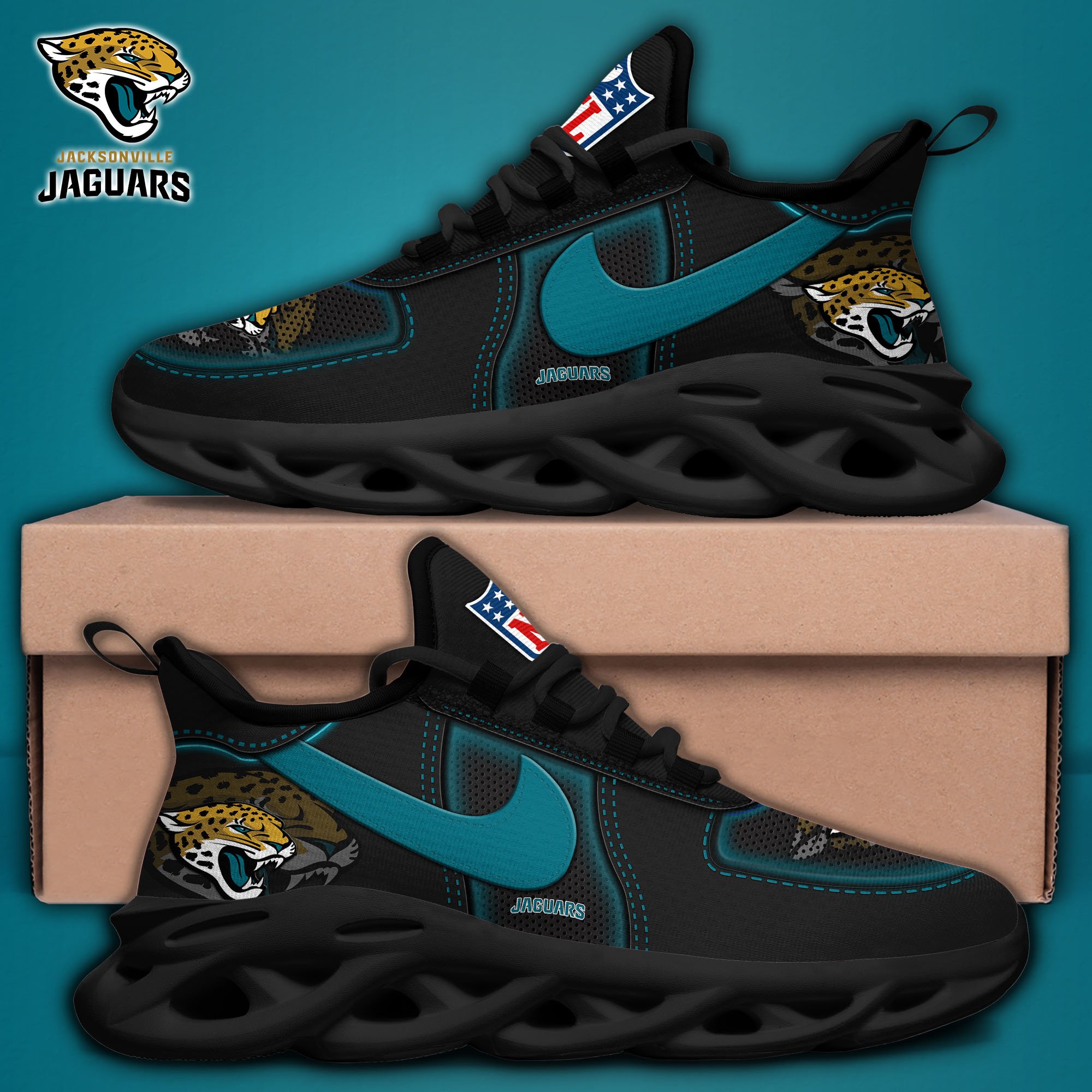 Jacksonville Jaguars Black Max Soul Shoes 2025 version, White Max Soul Shoes Custom Your Name, EHIVM-11194525