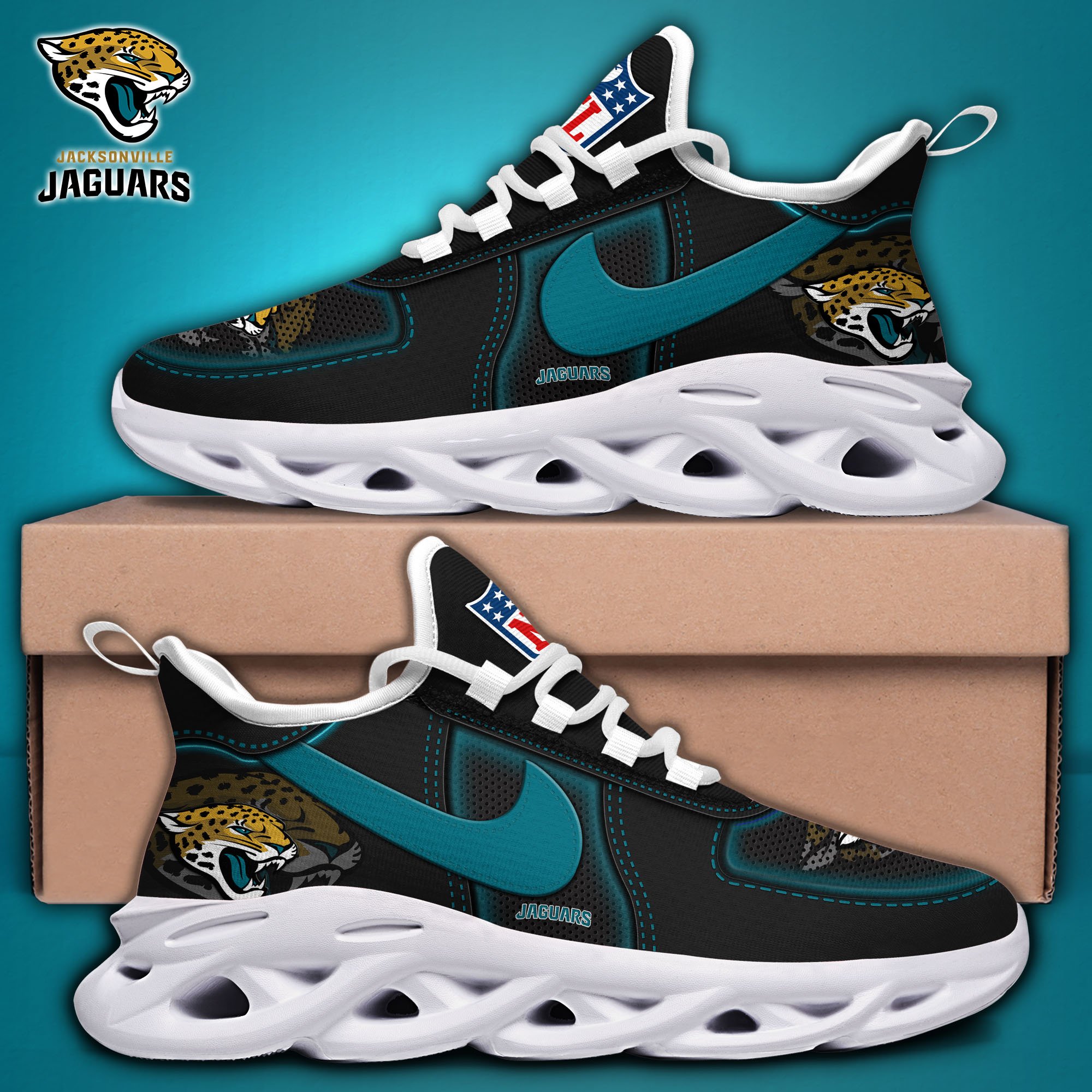 Alternative view of Jacksonville Jaguars Black Max Soul Shoes 2025 version, White Max Soul Shoes Custom Your Name, EHIVM-11194525