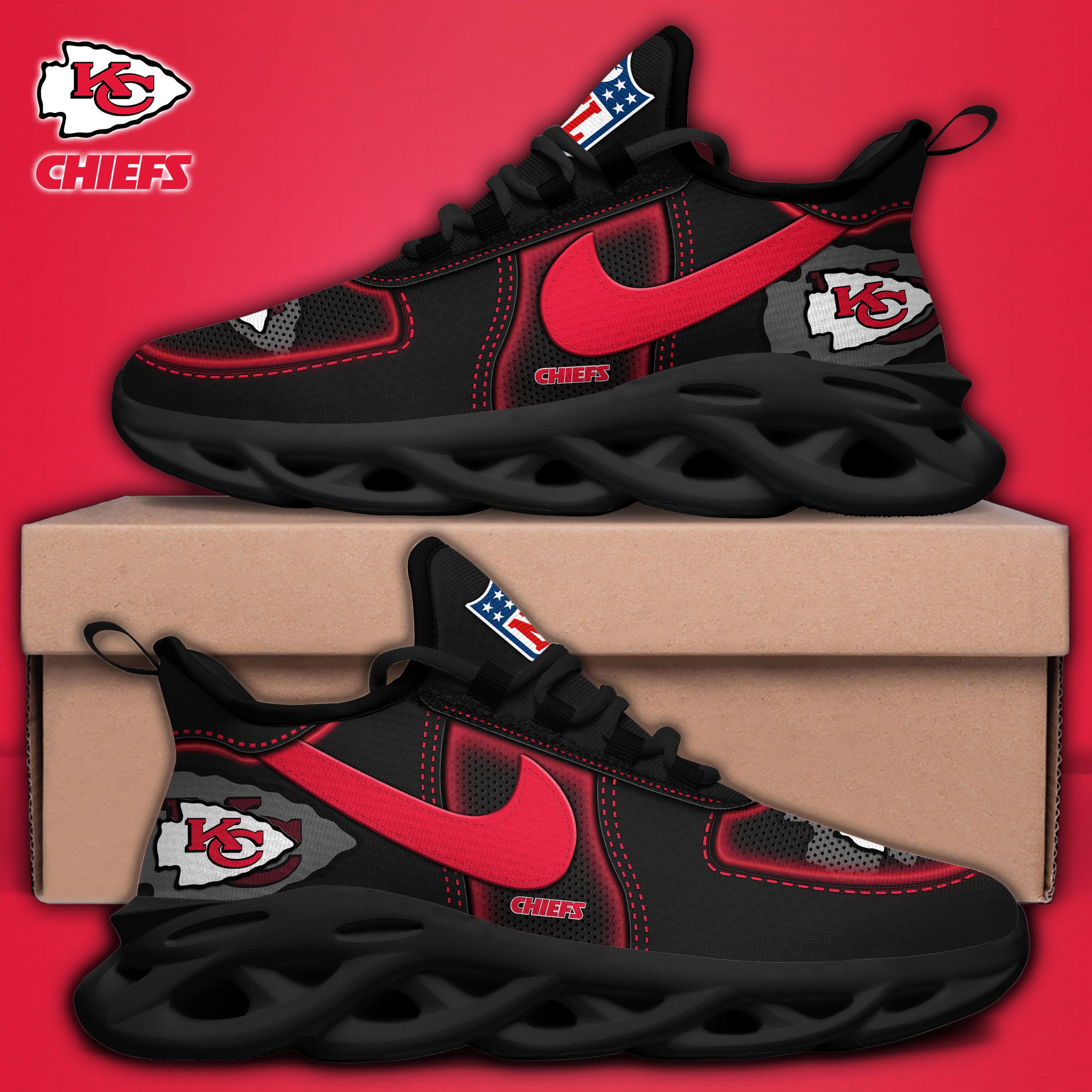 Kansas City Chiefs Black Max Soul Shoes 2025 version, White Max Soul Shoes Custom Your Name, EHIVM-11194525