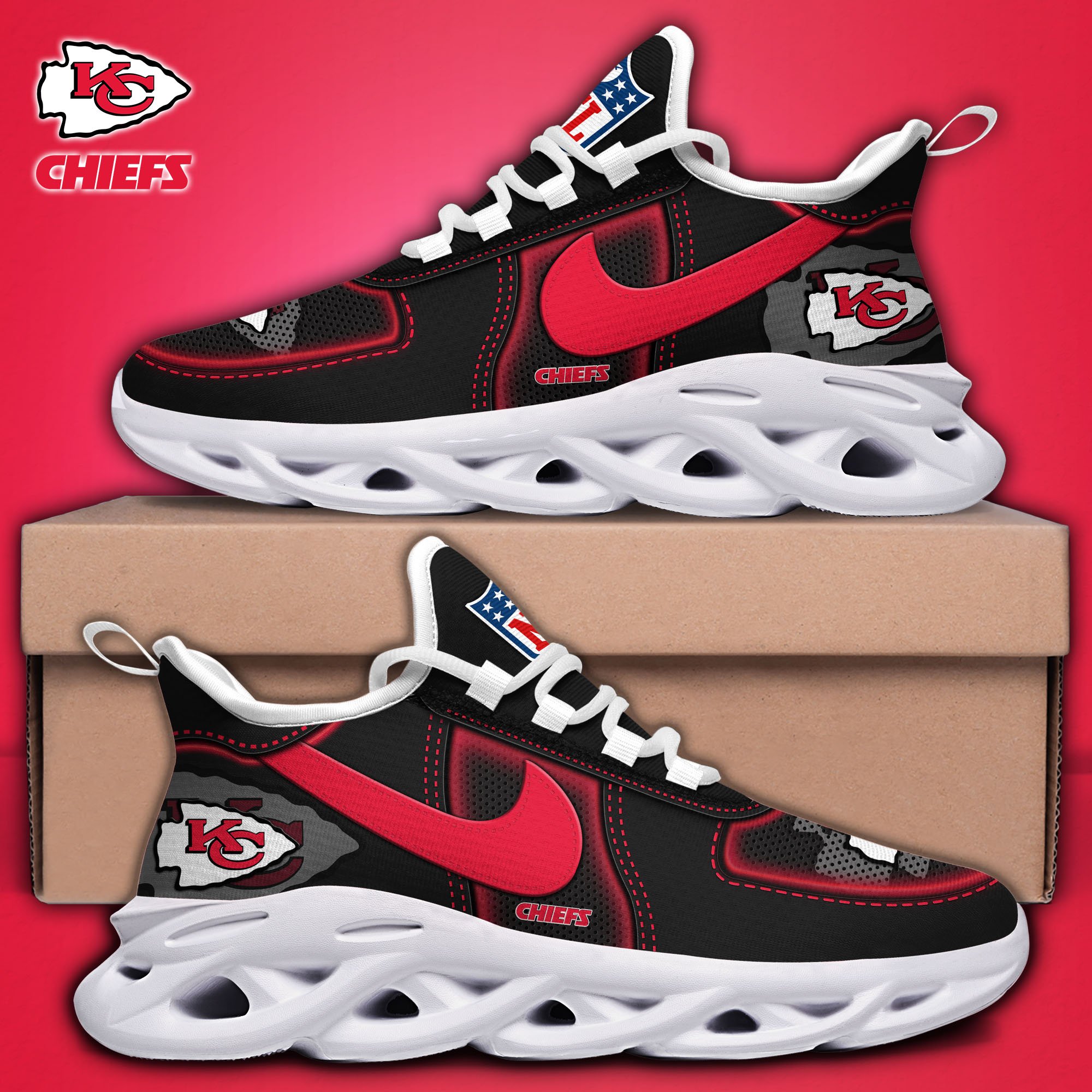 Alternative view of Kansas City Chiefs Black Max Soul Shoes 2025 version, White Max Soul Shoes Custom Your Name, EHIVM-11194525