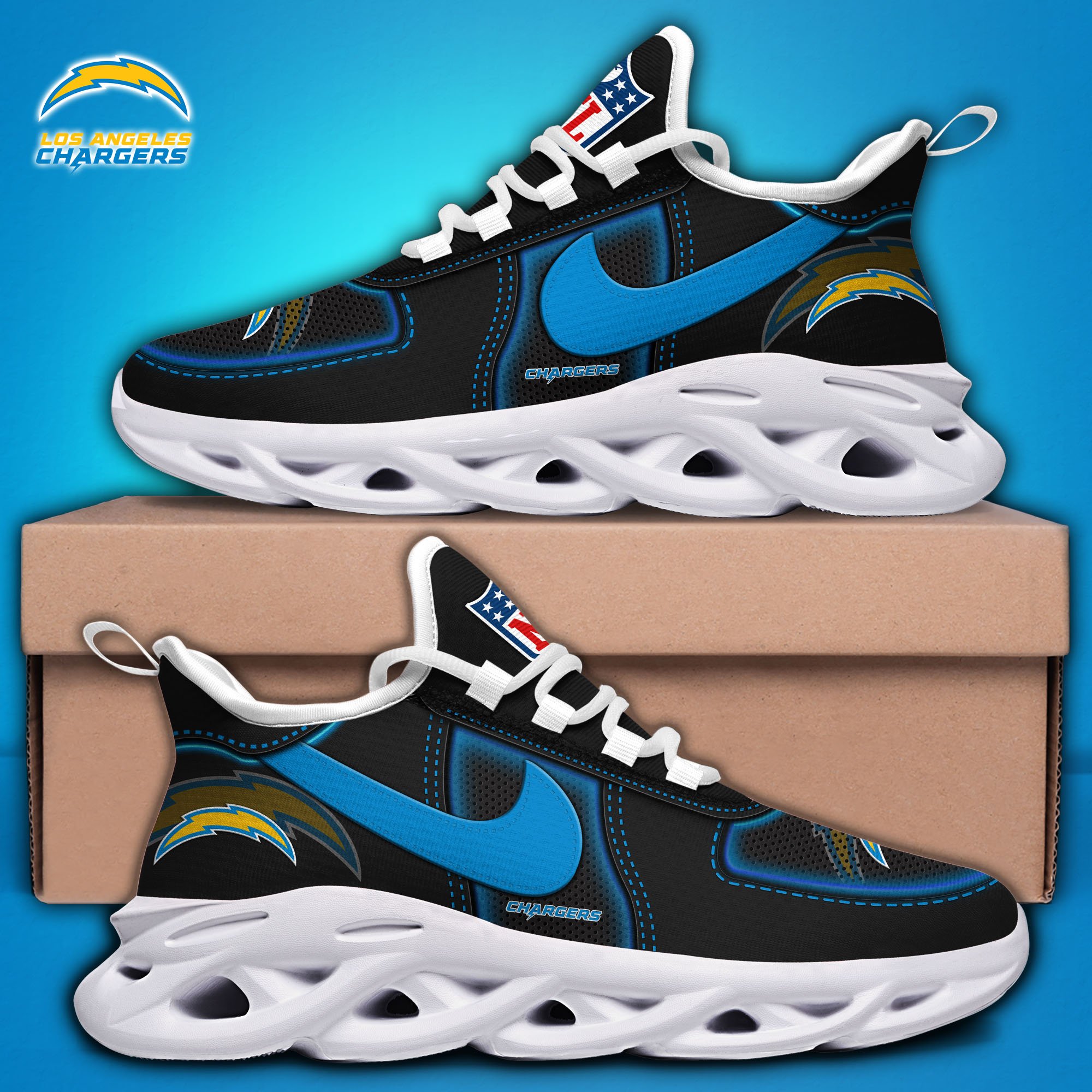 Alternative view of Los Angeles Chargers Black Max Soul Shoes 2025 version, White Max Soul Shoes Custom Your Name, EHIVM-11194525