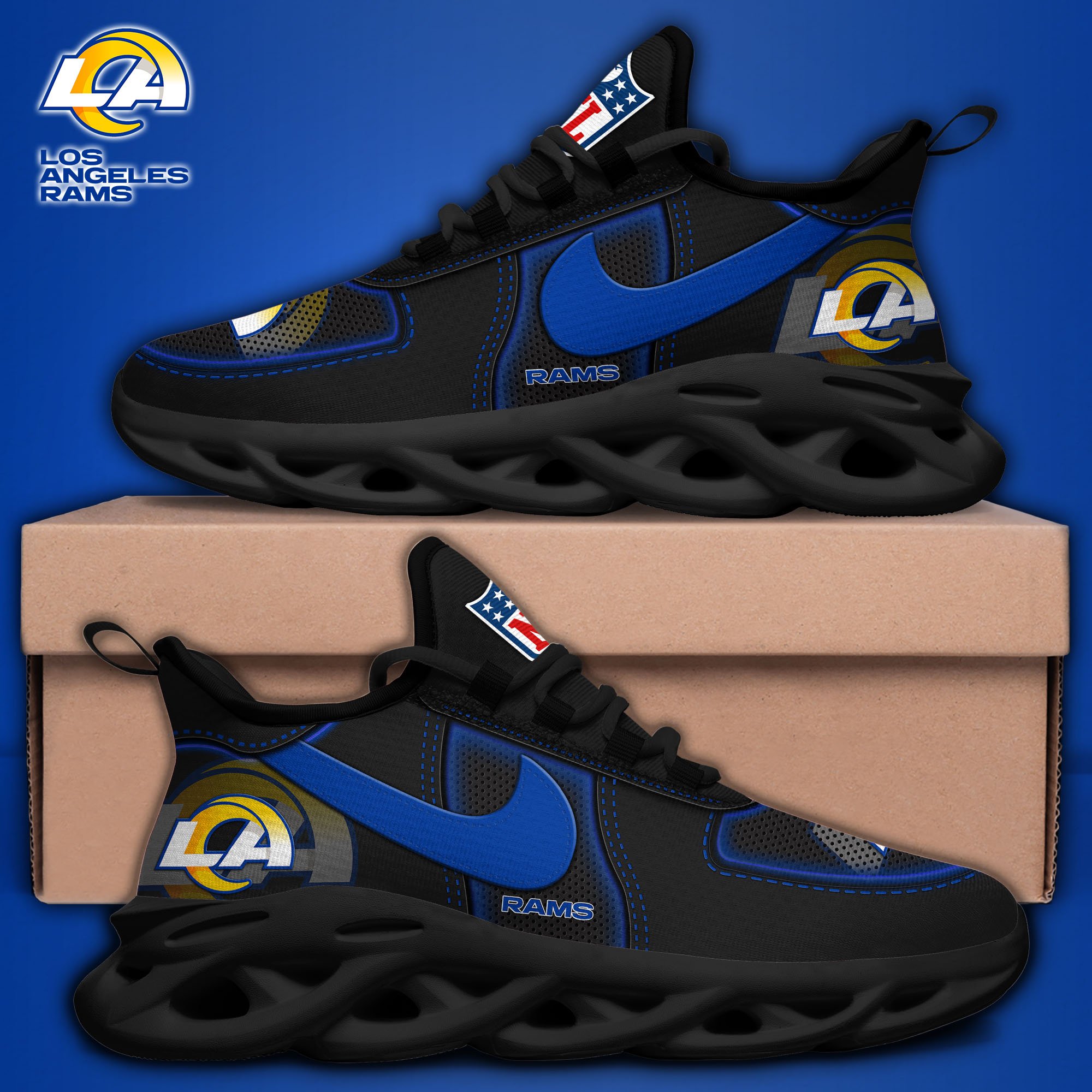 Los Angeles Rams Black Max Soul Shoes 2025 version, White Max Soul Shoes Custom Your Name, EHIVM-11194525