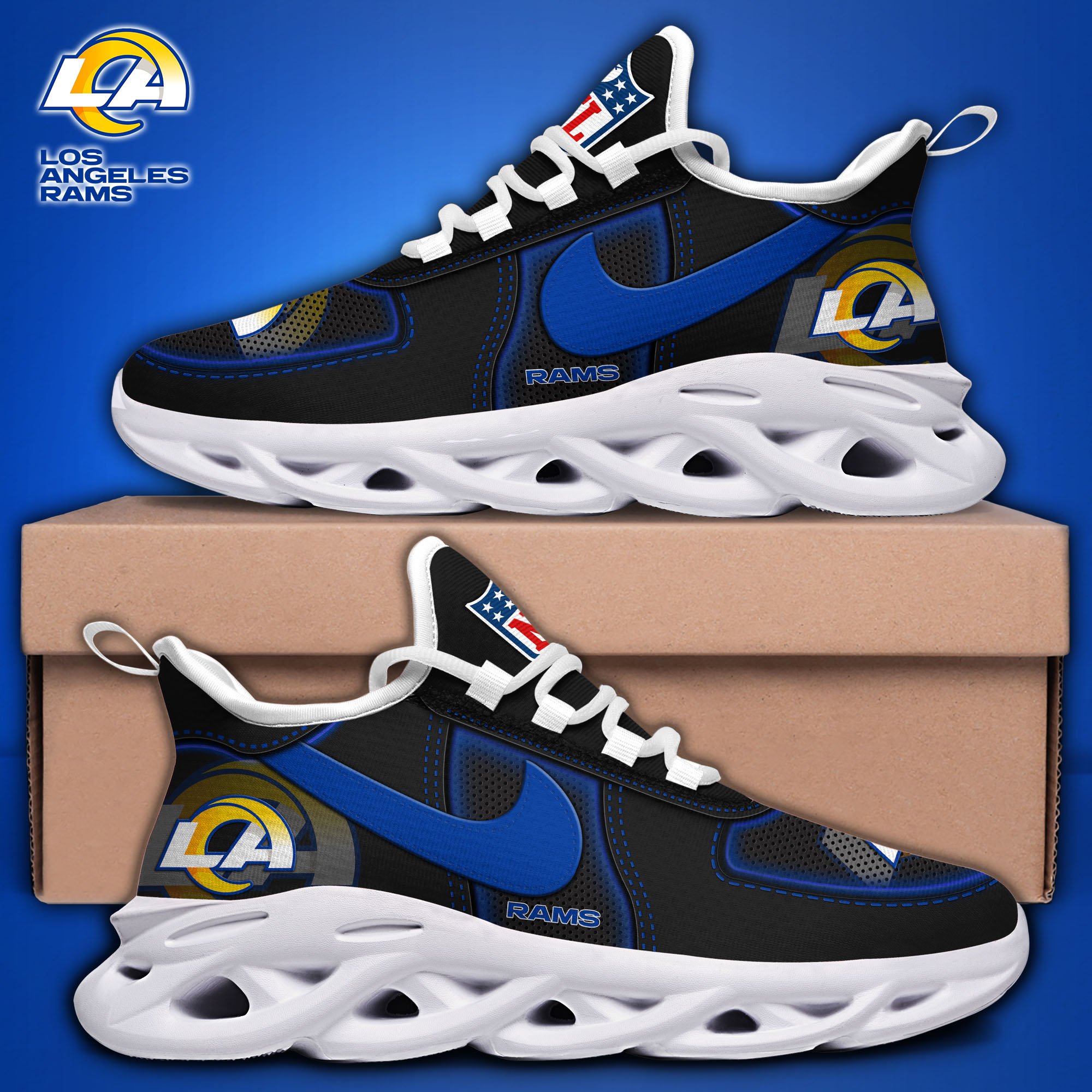 Alternative view of Los Angeles Rams Black Max Soul Shoes 2025 version, White Max Soul Shoes Custom Your Name, EHIVM-11194525