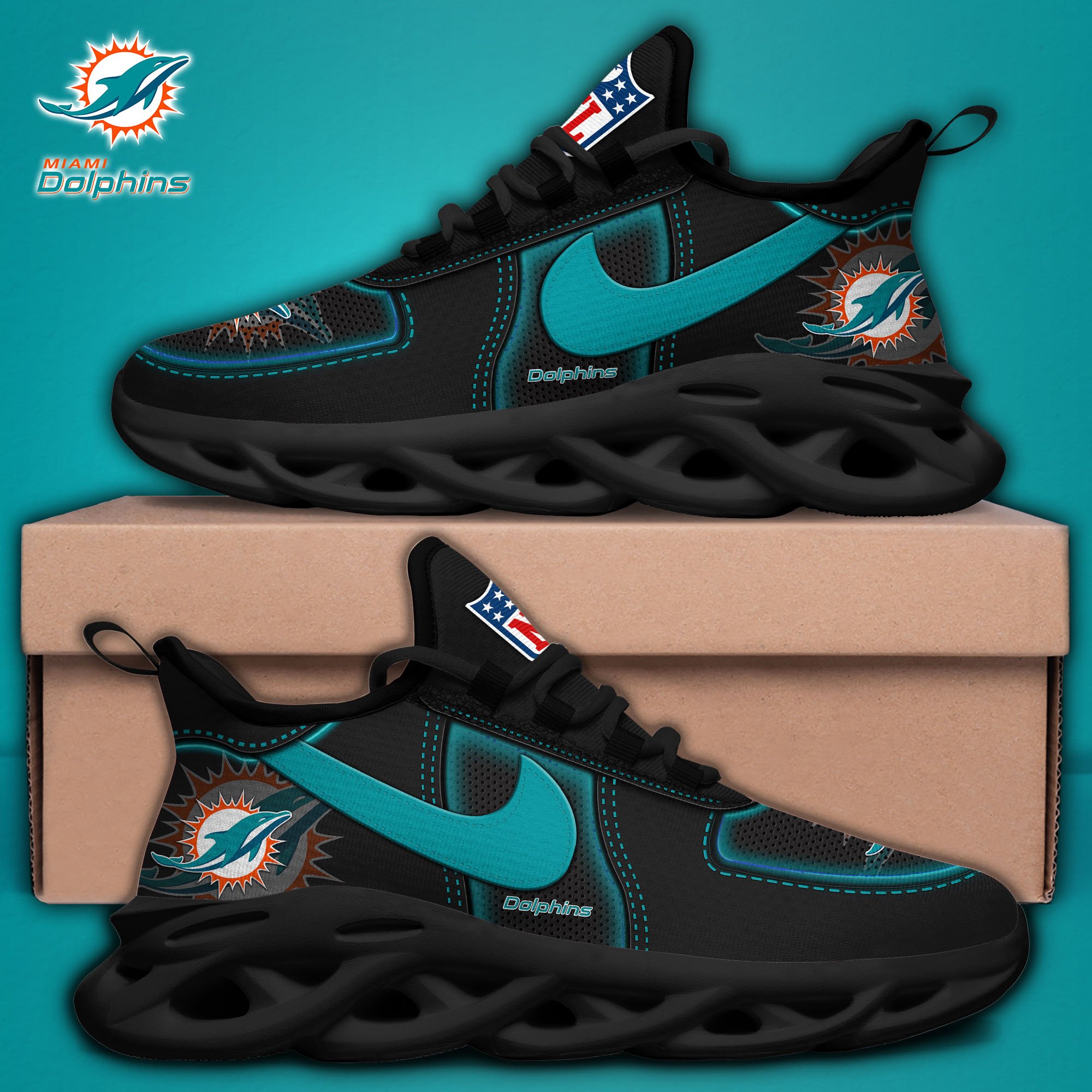 Miami Dolphins Black Max Soul Shoes 2025 version, White Max Soul Shoes Custom Your Name, EHIVM-11194525