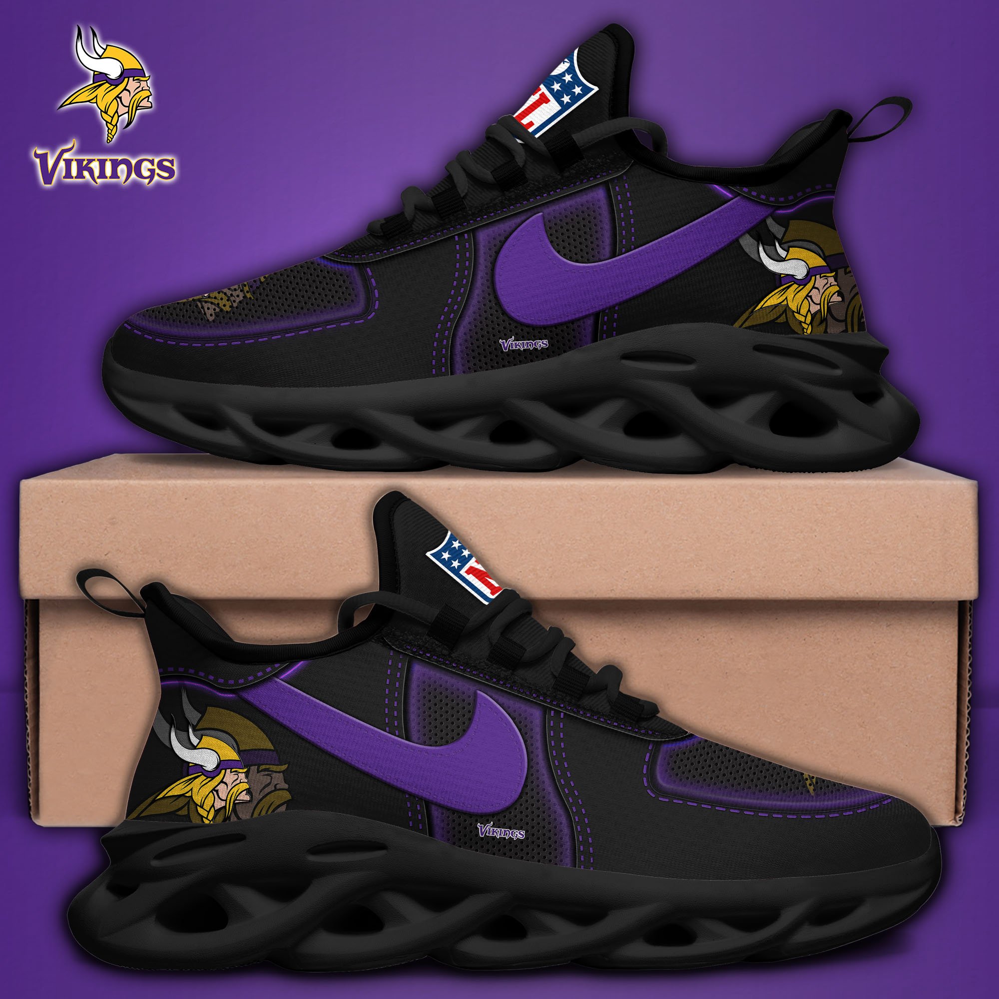 Minnesota Vikings Black Max Soul Shoes 2025 version, White Max Soul Shoes Custom Your Name, EHIVM-11194525