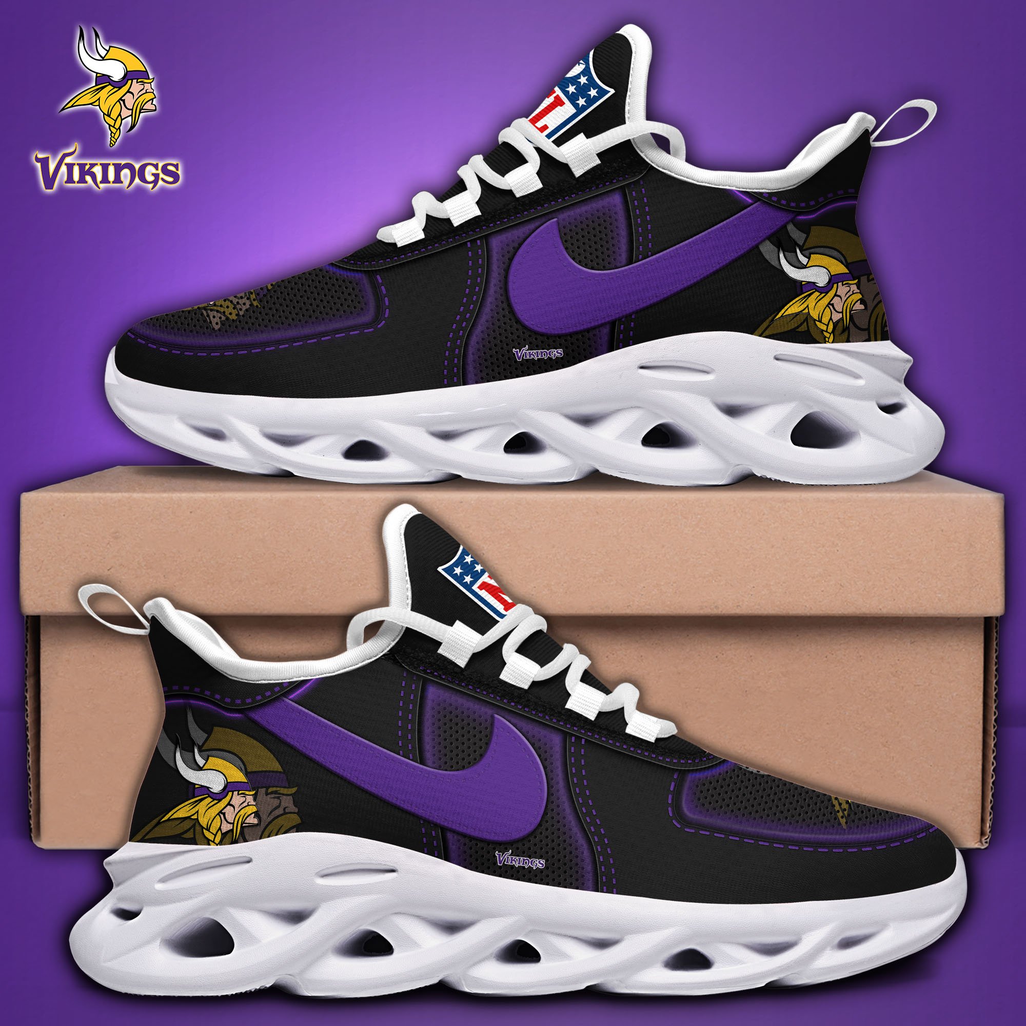Alternative view of Minnesota Vikings Black Max Soul Shoes 2025 version, White Max Soul Shoes Custom Your Name, EHIVM-11194525