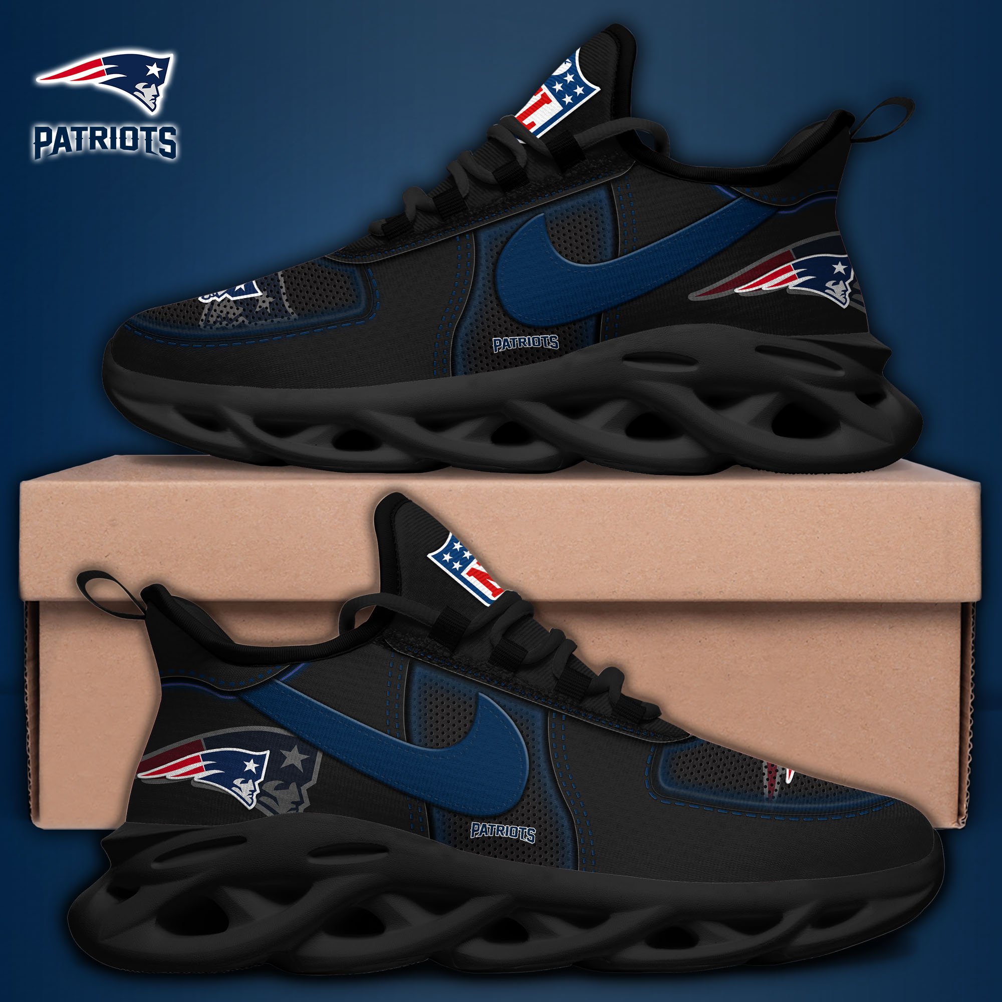 New England Patriots Black Max Soul Shoes 2025 version, White Max Soul Shoes Custom Your Name, EHIVM-11194525