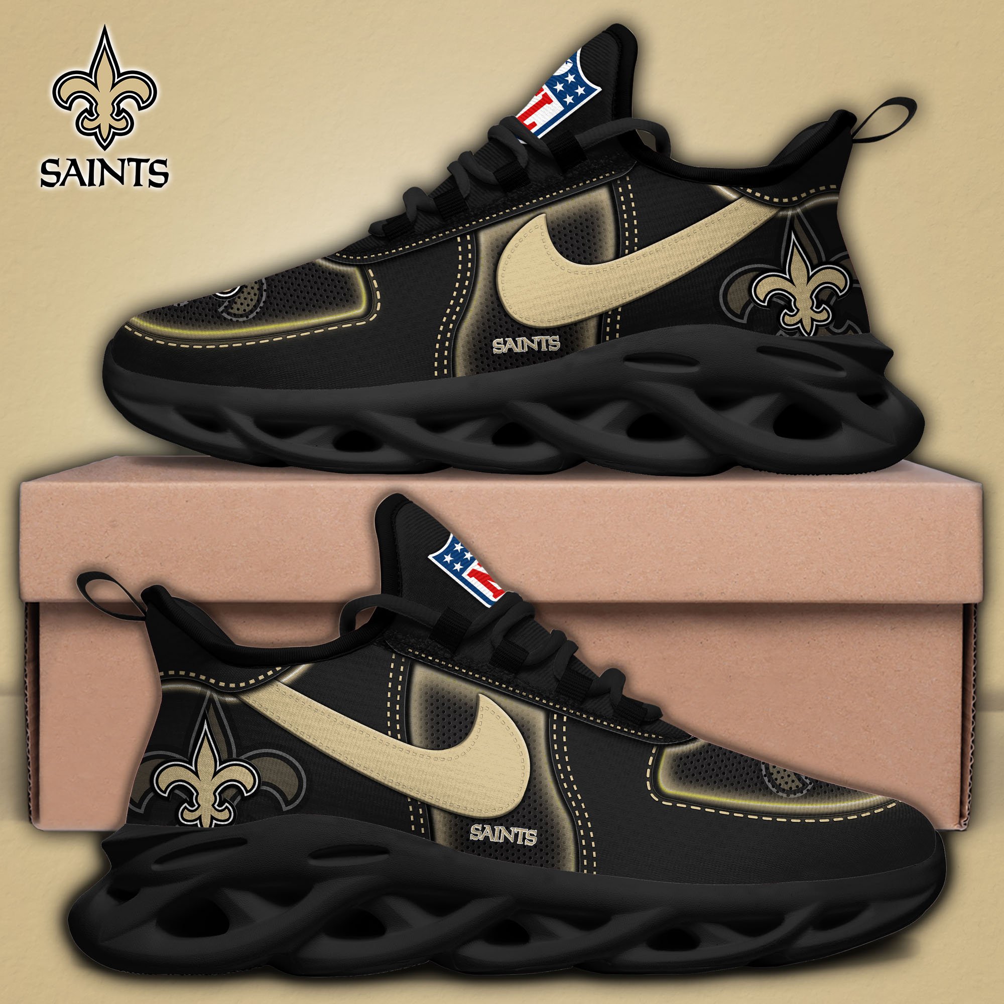 New Orleans Saints Black Max Soul Shoes 2025 version, White Max Soul Shoes Custom Your Name, EHIVM-11194525