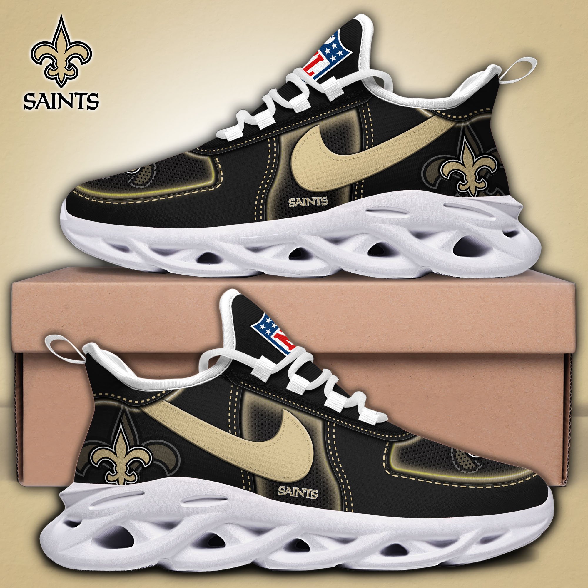Alternative view of New Orleans Saints Black Max Soul Shoes 2025 version, White Max Soul Shoes Custom Your Name, EHIVM-11194525