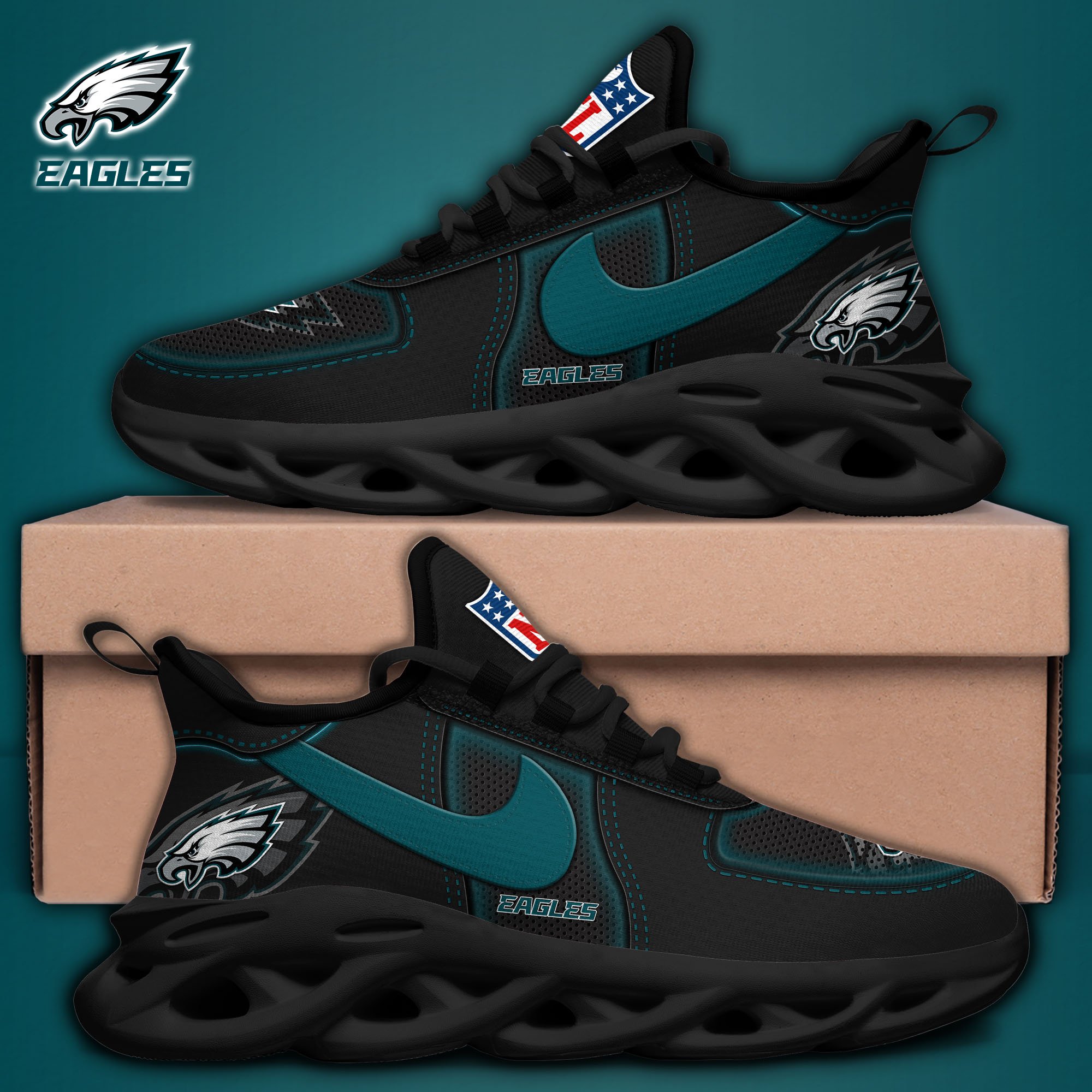 Philadelphia Eagles Black Max Soul Shoes 2025 version, White Max Soul Shoes Custom Your Name, EHIVM-11194525