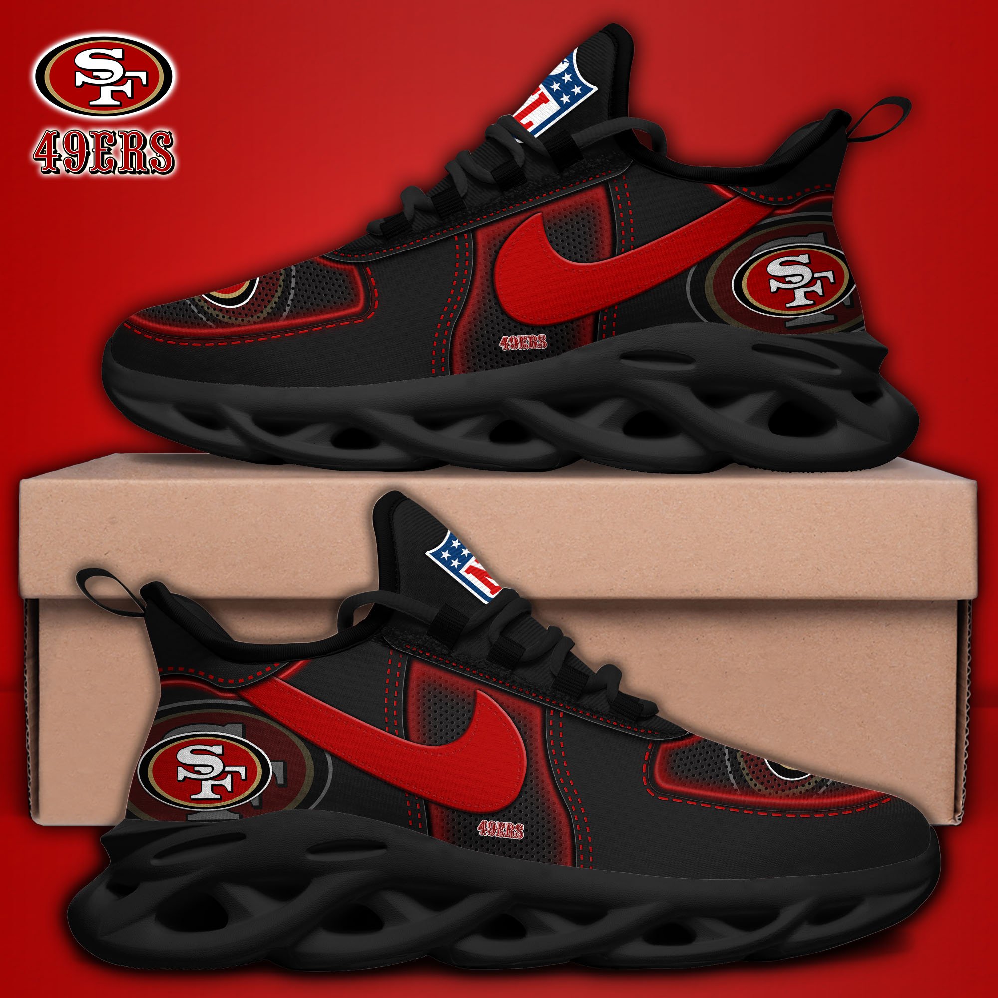 San Francisco 49ers Black Max Soul Shoes 2025 version, White Max Soul Shoes Custom Your Name, EHIVM-11194525