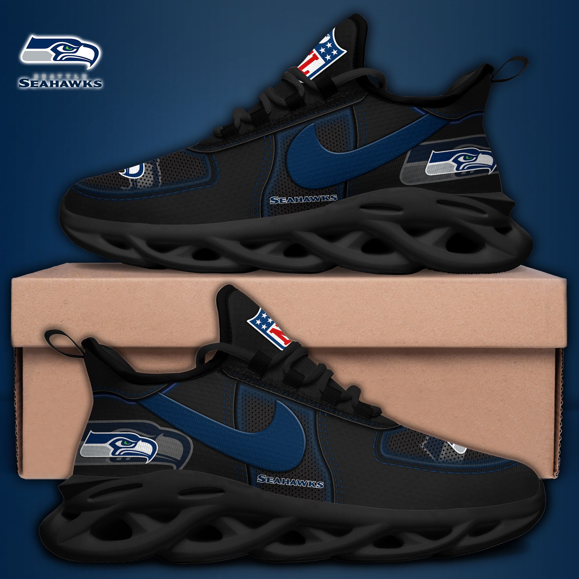 Seattle Seahawks Black Max Soul Shoes 2025 version, White Max Soul Shoes Custom Your Name, EHIVM-11194525